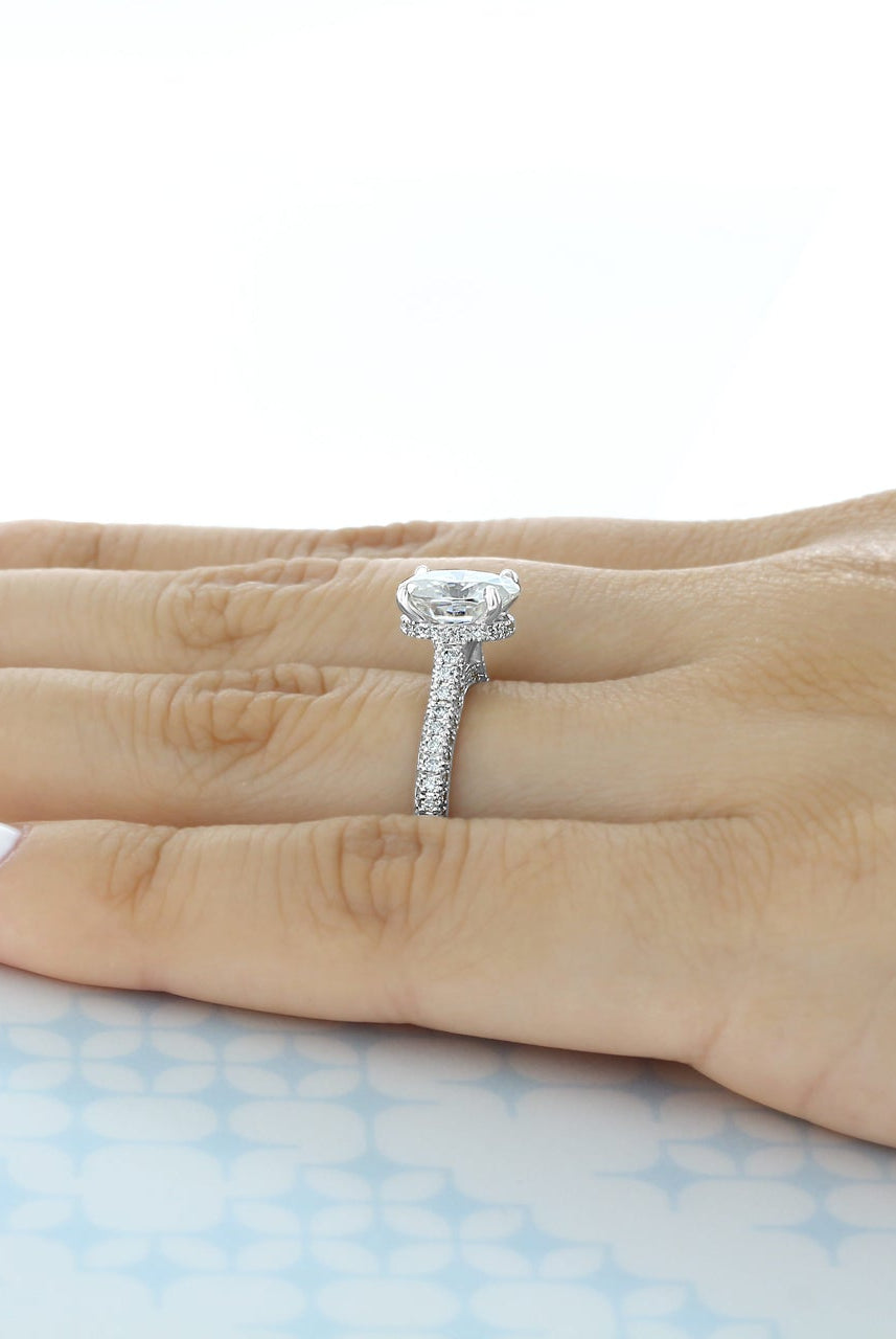 1.93ct Oval Hidden Halo Moissanite Diamond Three Sided Pave Engagement Ring