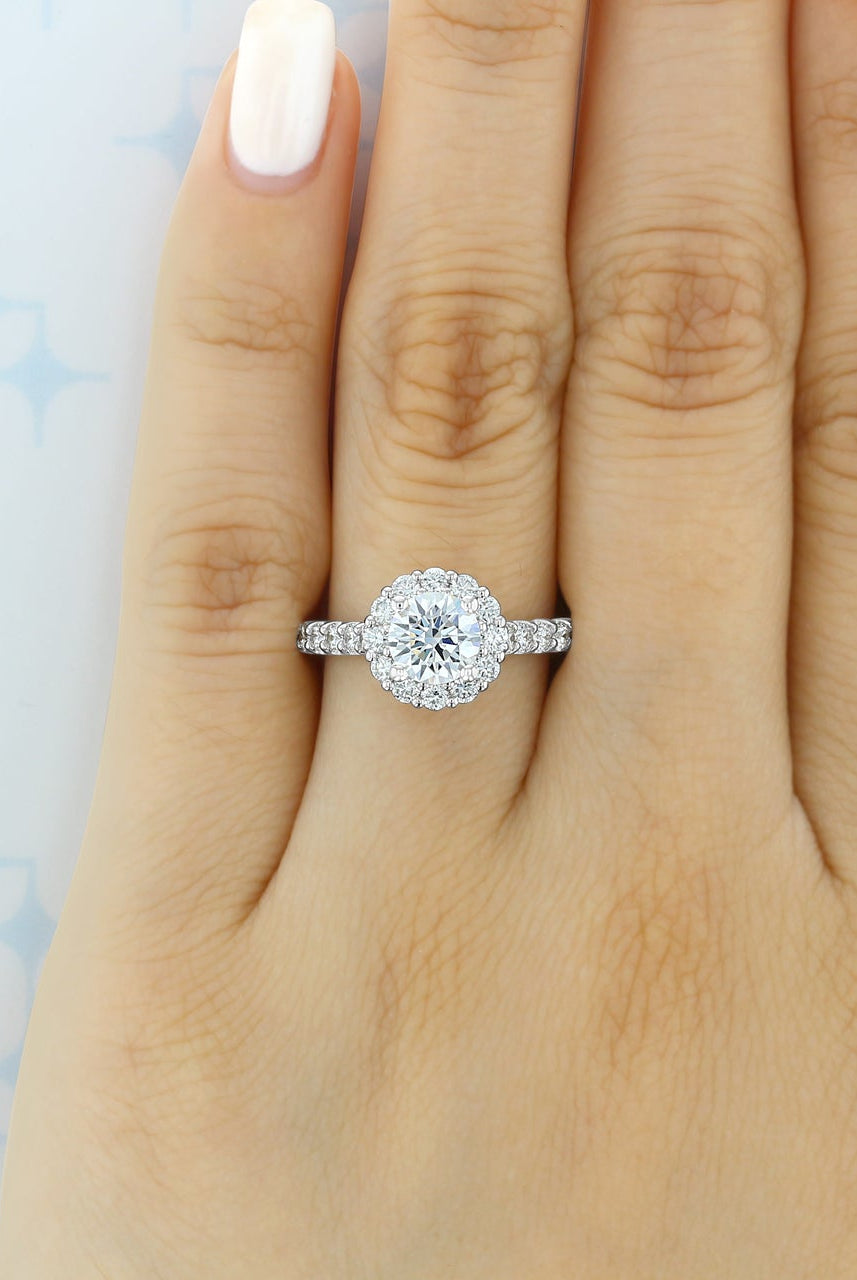 1.0ct Round Floral Halo Moissanite Diamond Pave Engagement Ring