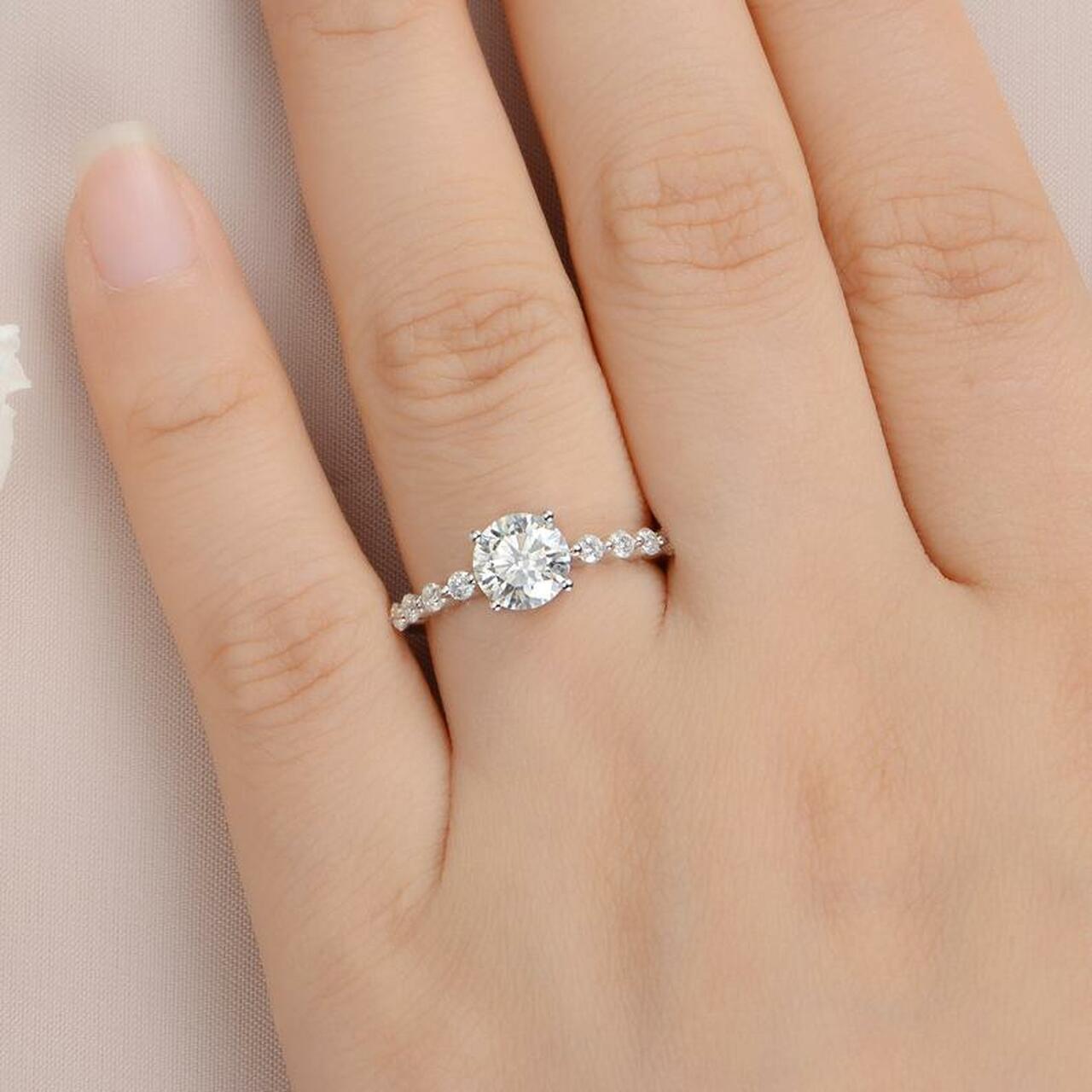 1.0CT Round Bubble Pave Moissanite Diamond Four Prong Engagement Ring
