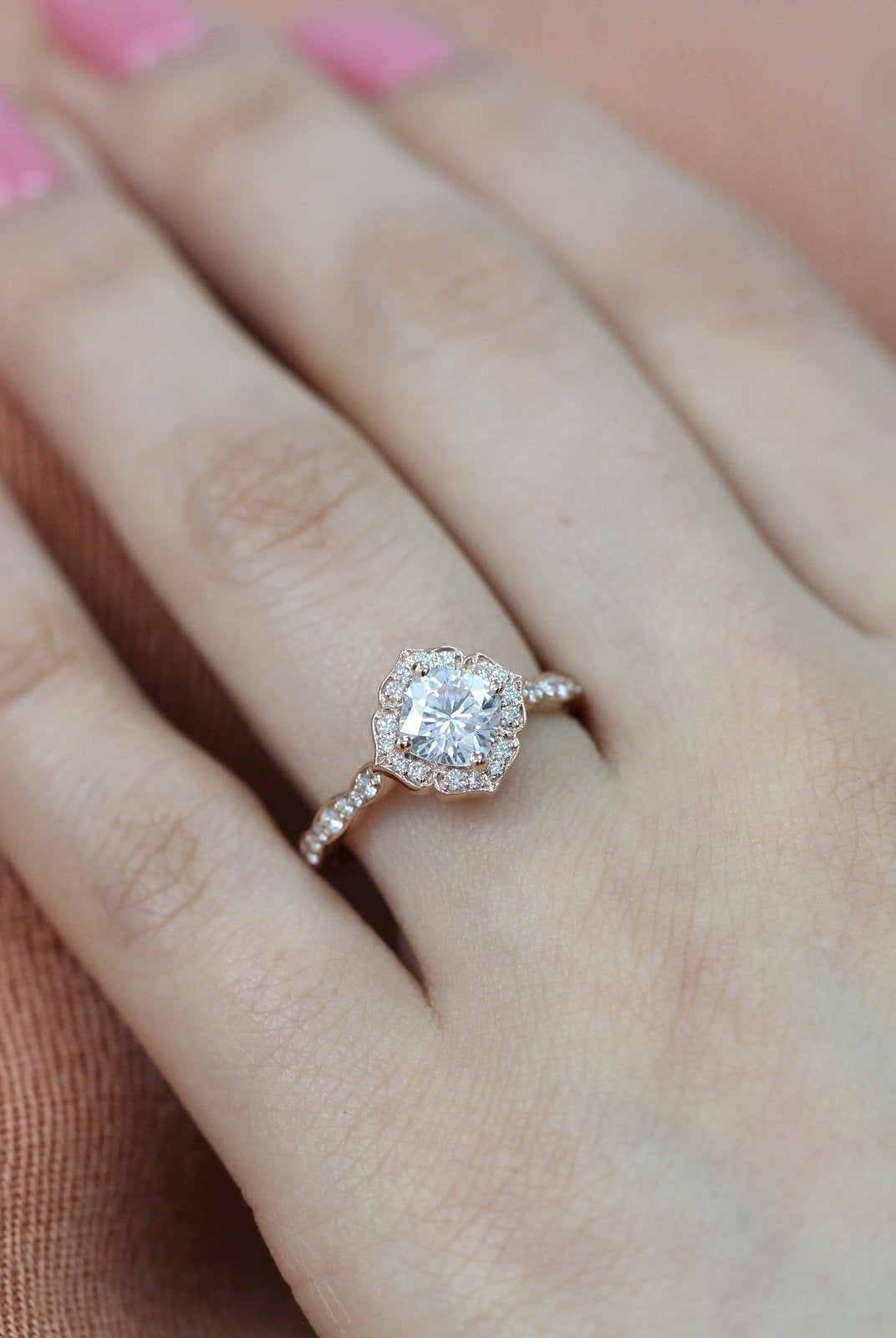 1.0CT Cushion Vintage Pave Moissanite Diamond Engagement Ring For Women
