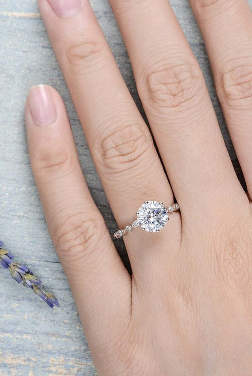 2.0CT Round Vintage Pave Moissanite Diamond Six Prong Engagement Ring for Women