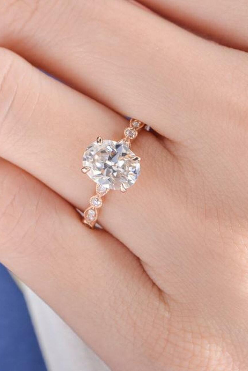 2.0CT Oval Four Prong Moissanite Diamond Vintage Pave Engagement Ring