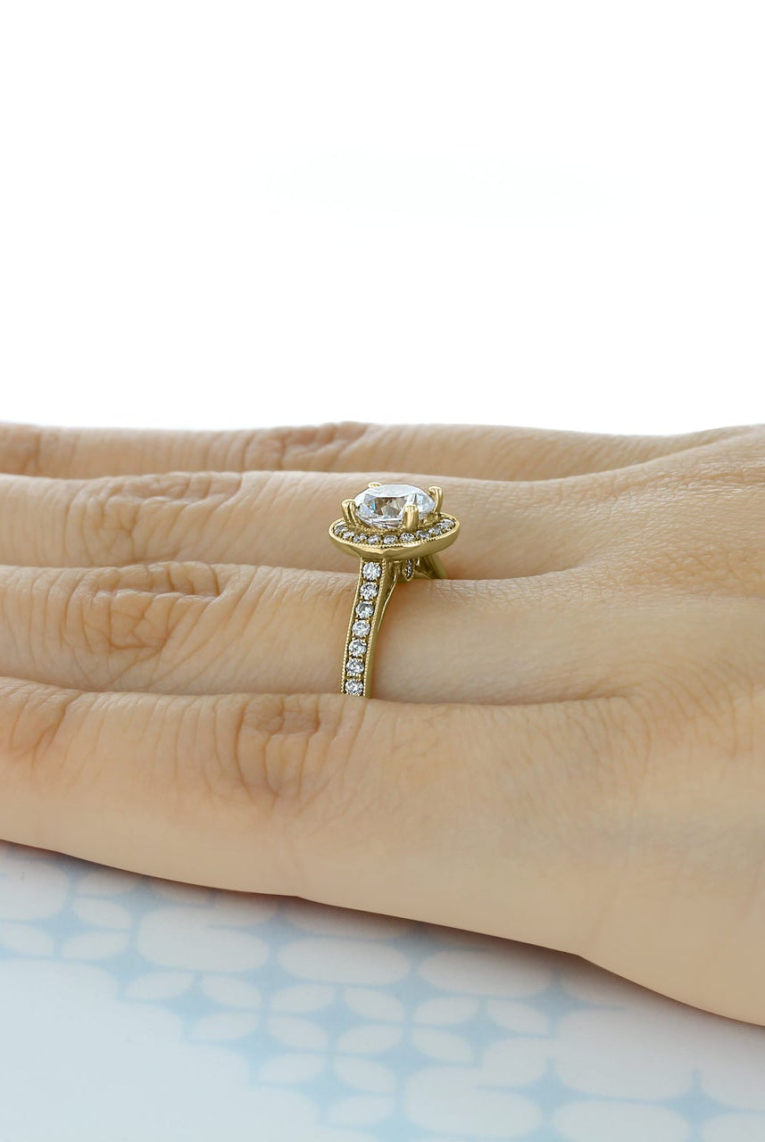 1.0CT Round Halo Moissanite Diamond Pave Engagement Ring In 18K Yellow Gold