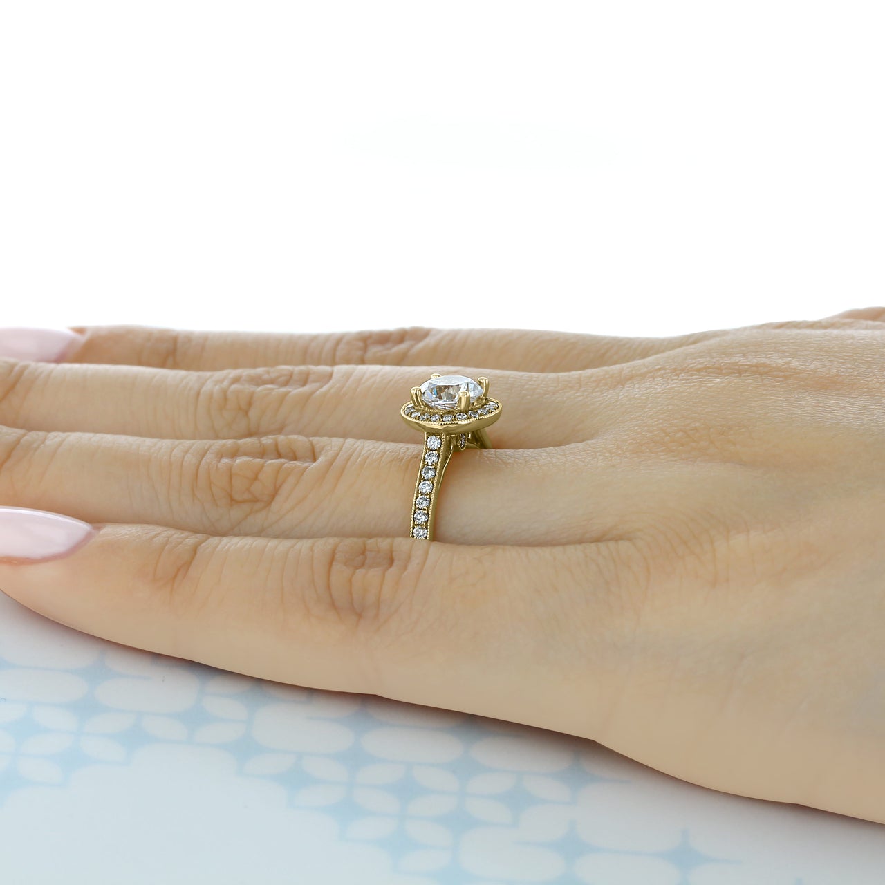 1.0CT Round Halo Moissanite Diamond Pave Engagement Ring In 18K Yellow Gold