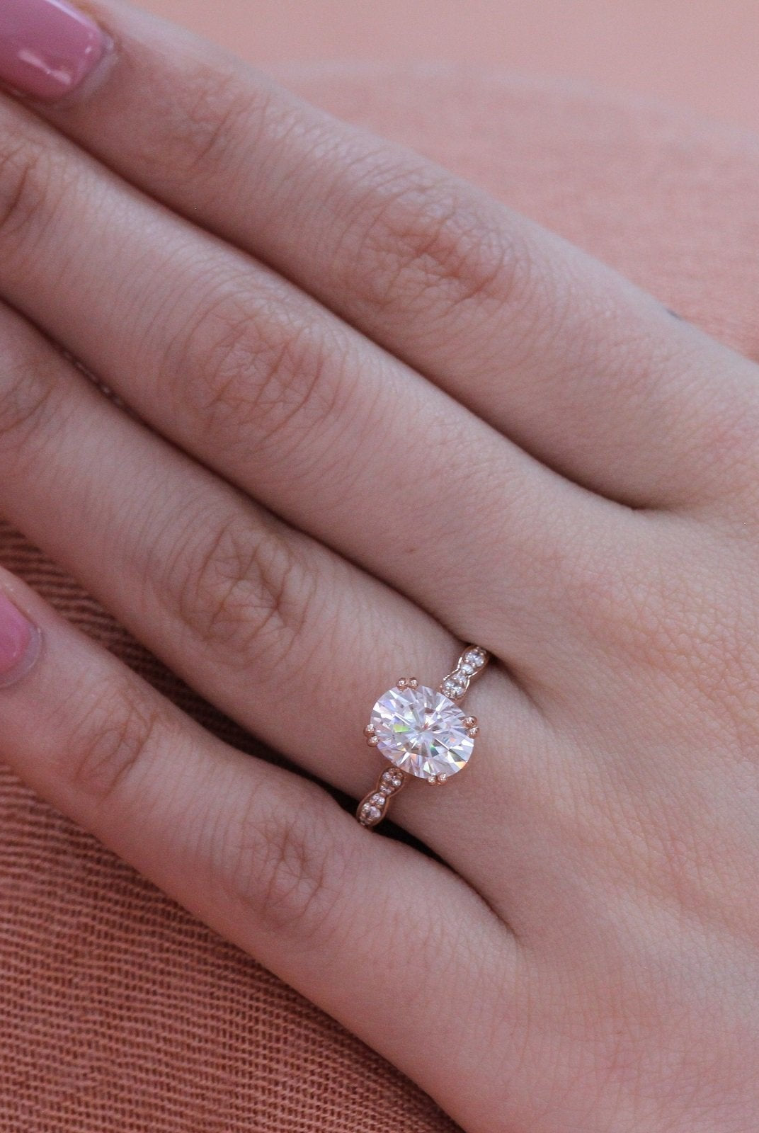 2.0CT Oval Double Claw Prong Moissanite Diamond Vintage Pave Engagement Ring