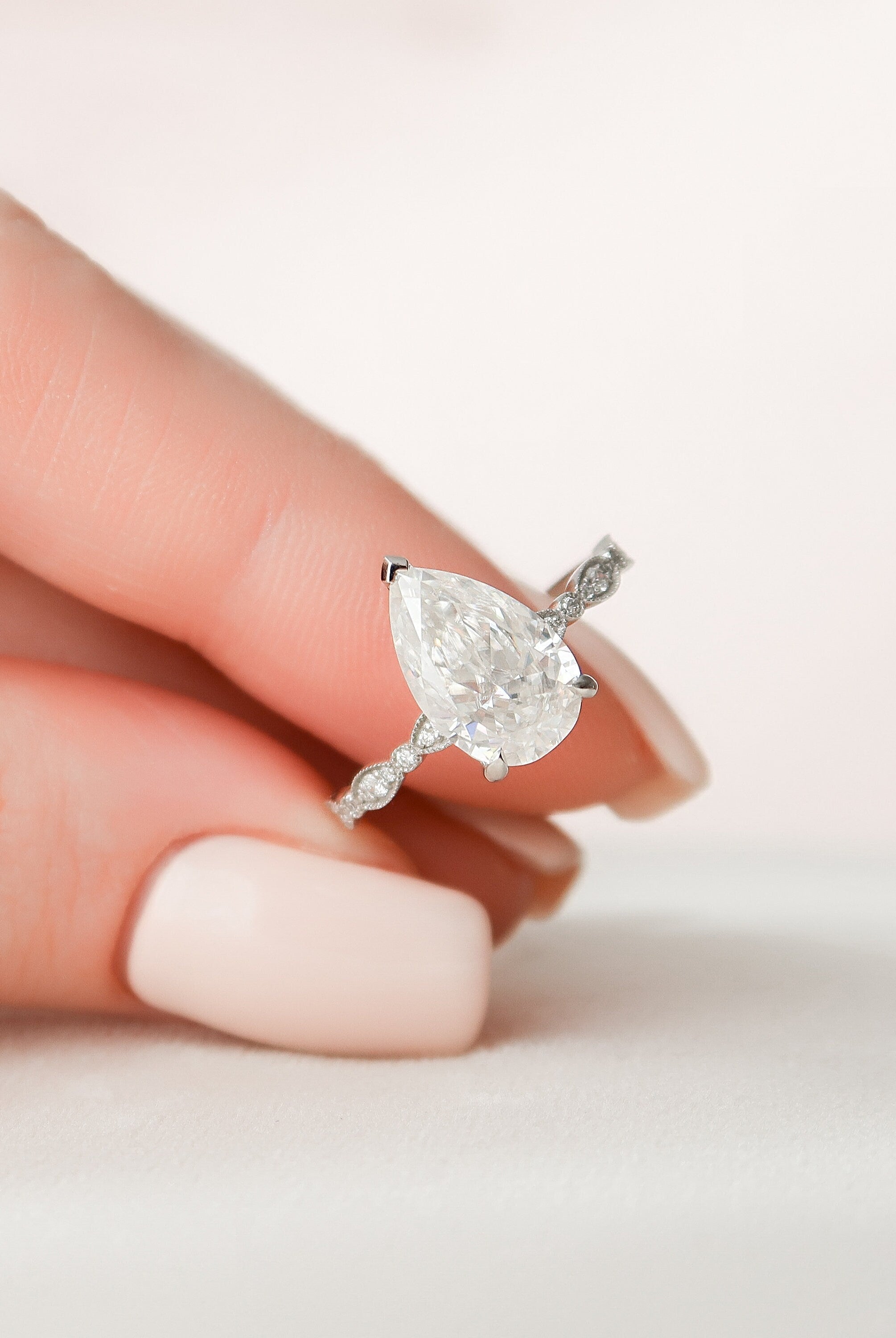 2.50CT Pear Moissanite Diamond Vintage Pave Engagement Ring In Solid Gold