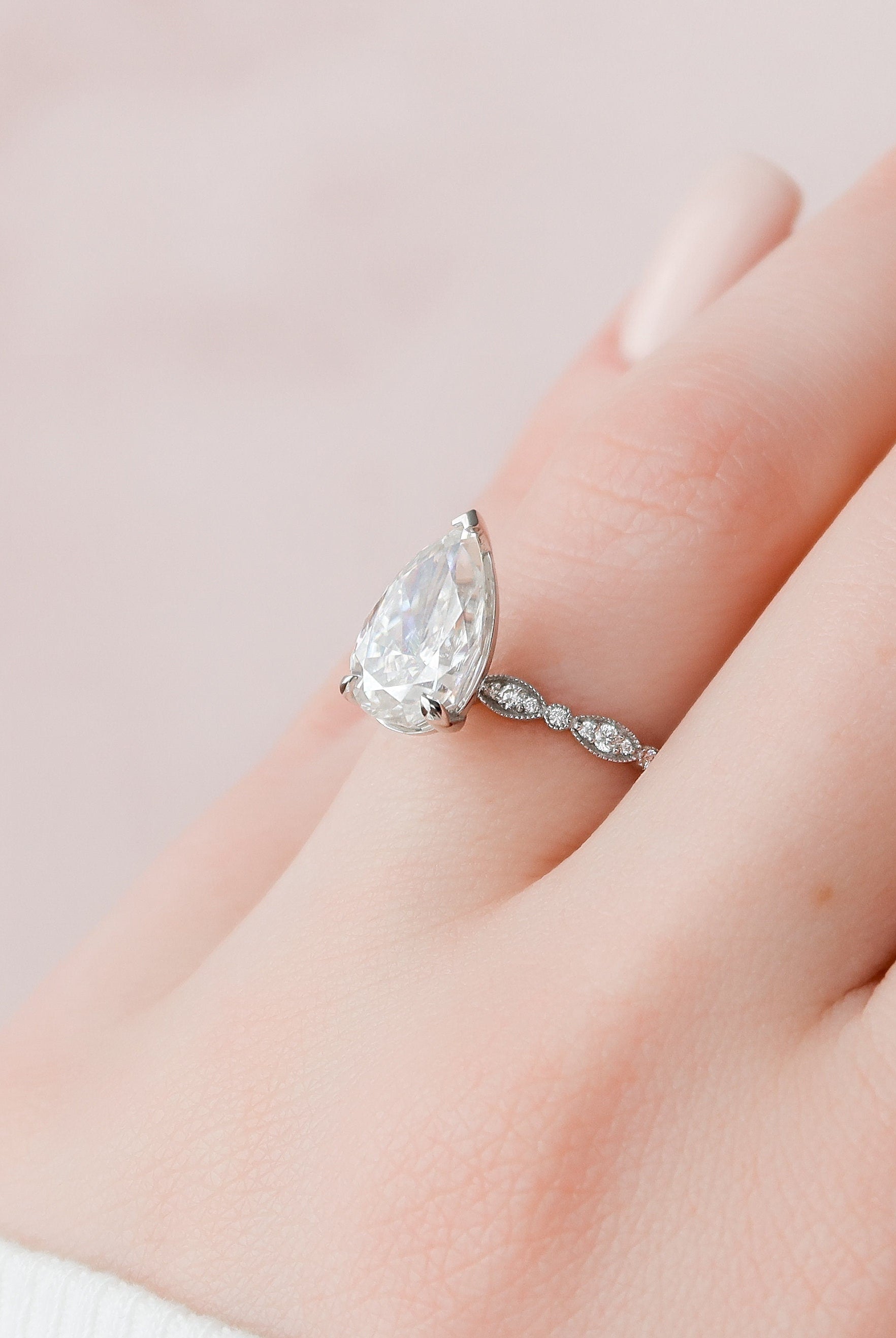 2.50CT Pear Moissanite Diamond Vintage Pave Engagement Ring In Solid Gold