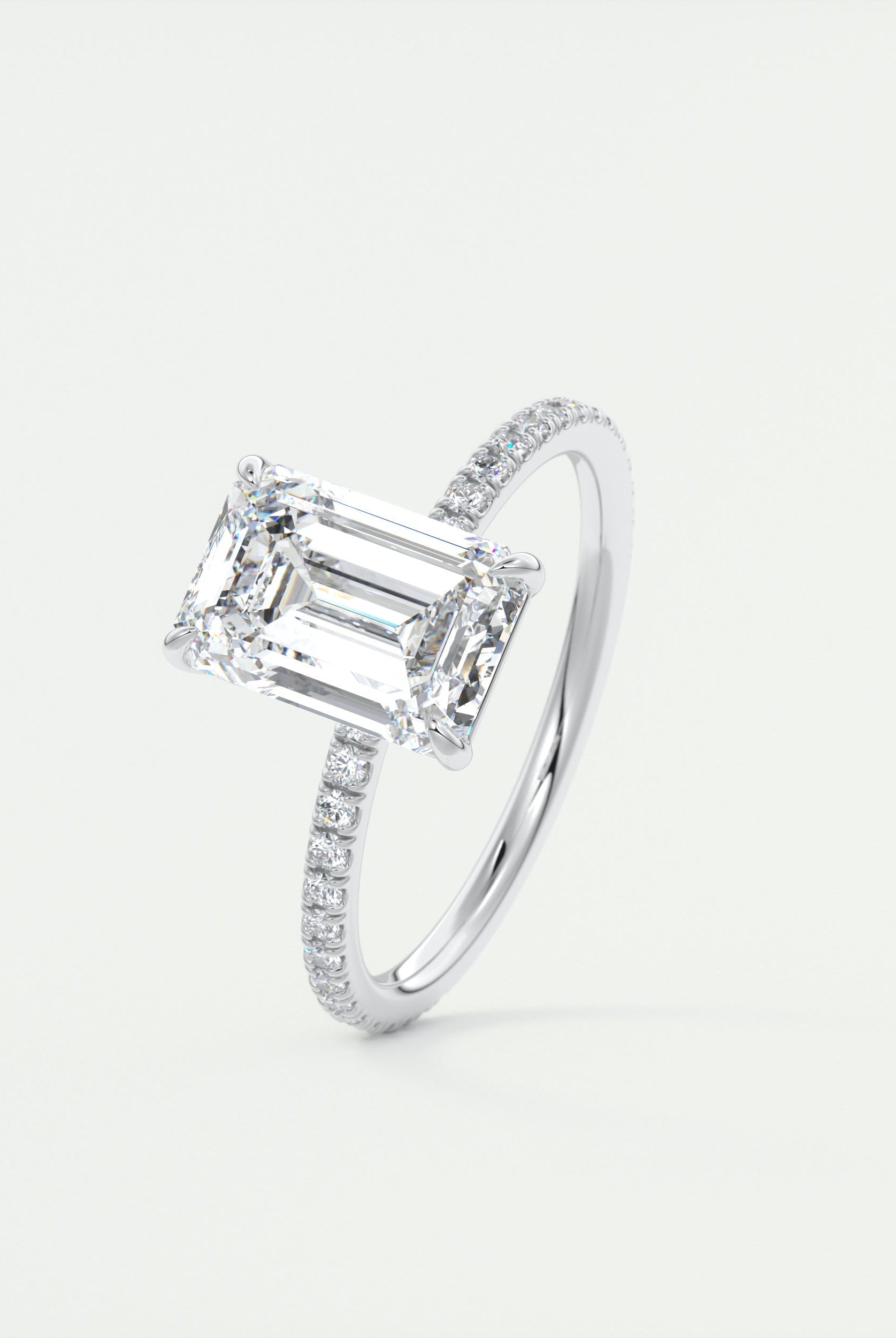 2CT Emerald Cut Pave Moissanite Diamond Four Prong Engagement Ring