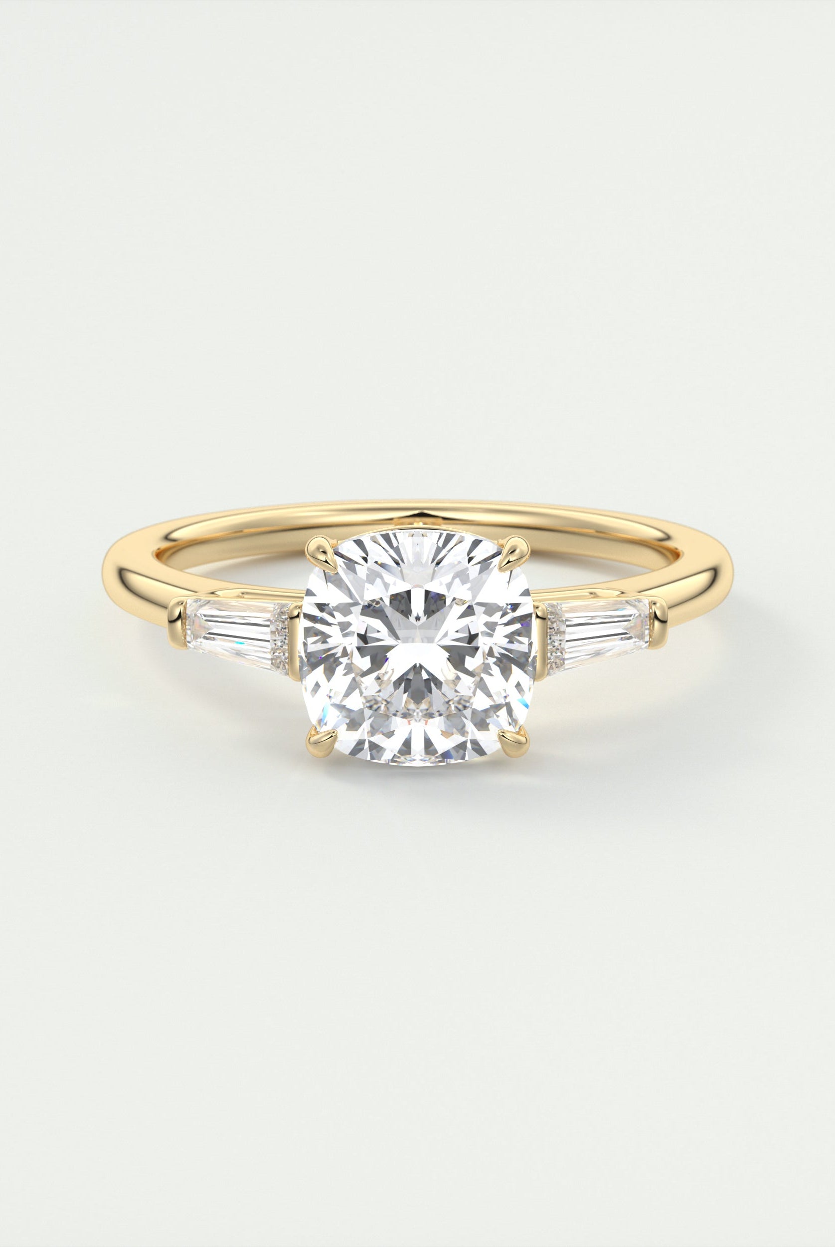 2CT Cathedral Set Cushion Moissanite Diamond Three Stone Engagement Ring In 18K Solid Gold