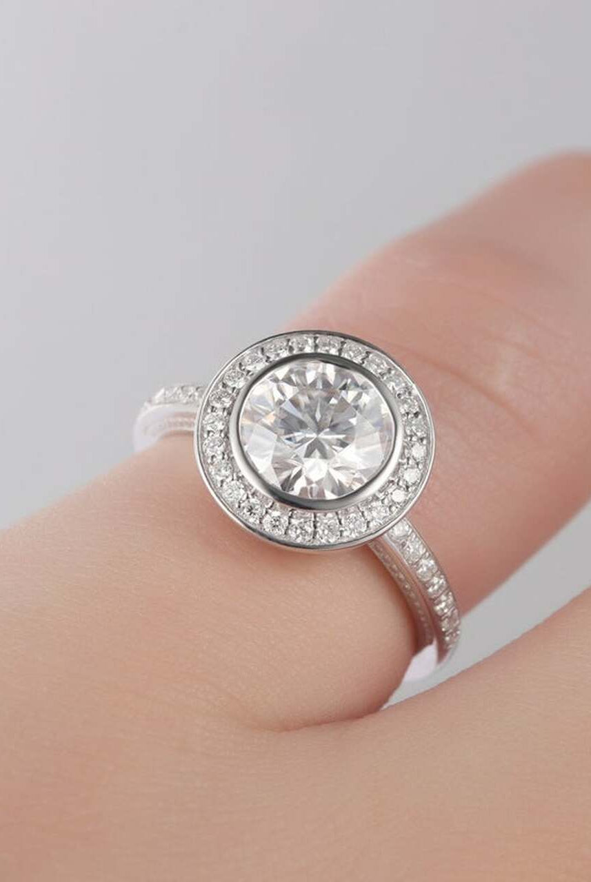 1.5CT Round Halo Moissanite Diamond Pave Engagement Ring In 14K White Gold