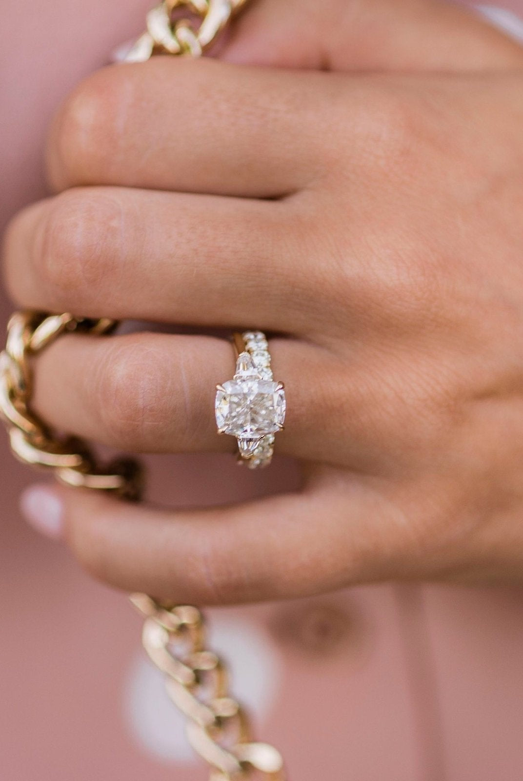 4.20CT Elongated Cushion Three Stone Moissanite Diamond Engagement Ring