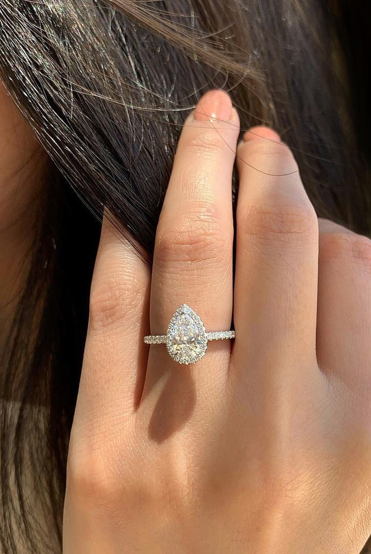 1.50CT Pear Halo Moissanite Diamond Pave Engagement Ring For Women In 14K Solid Gold