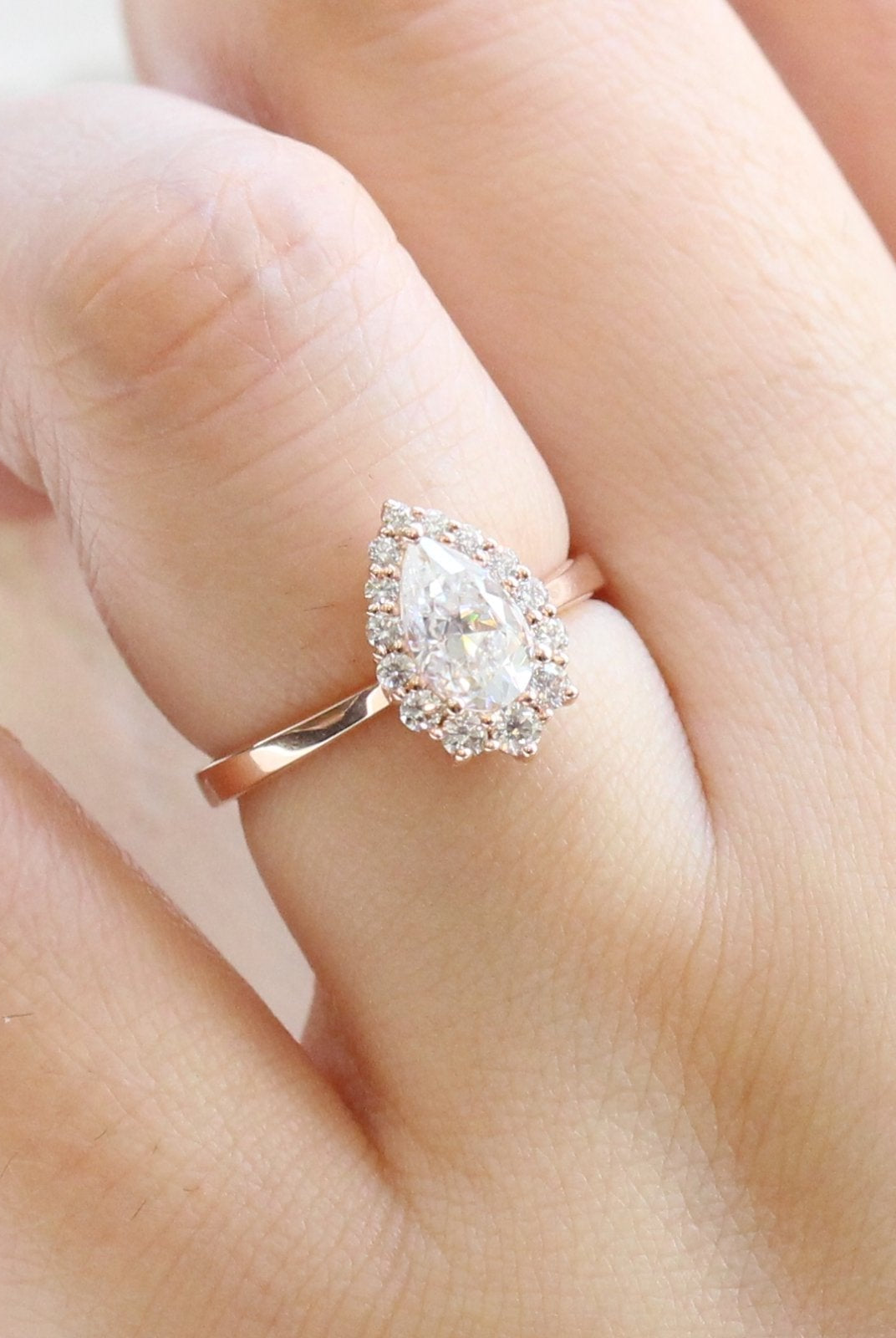 1.0CT Pear Cut Diamond Tiara Moissanite Halo Engagement Ring