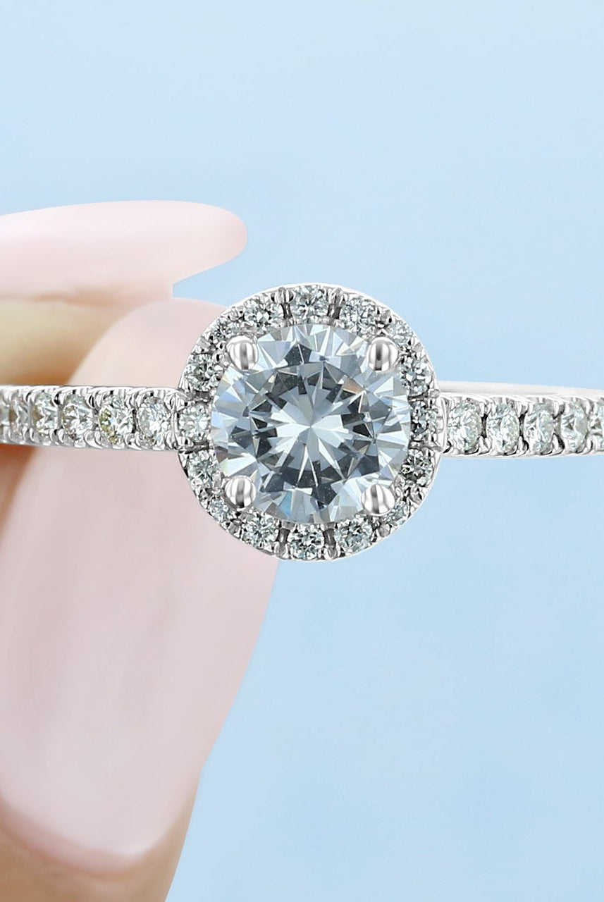 1.0ct Round Halo Moissanite Diamond Pave Engagement Ring For Her In 18K Solid Gold
