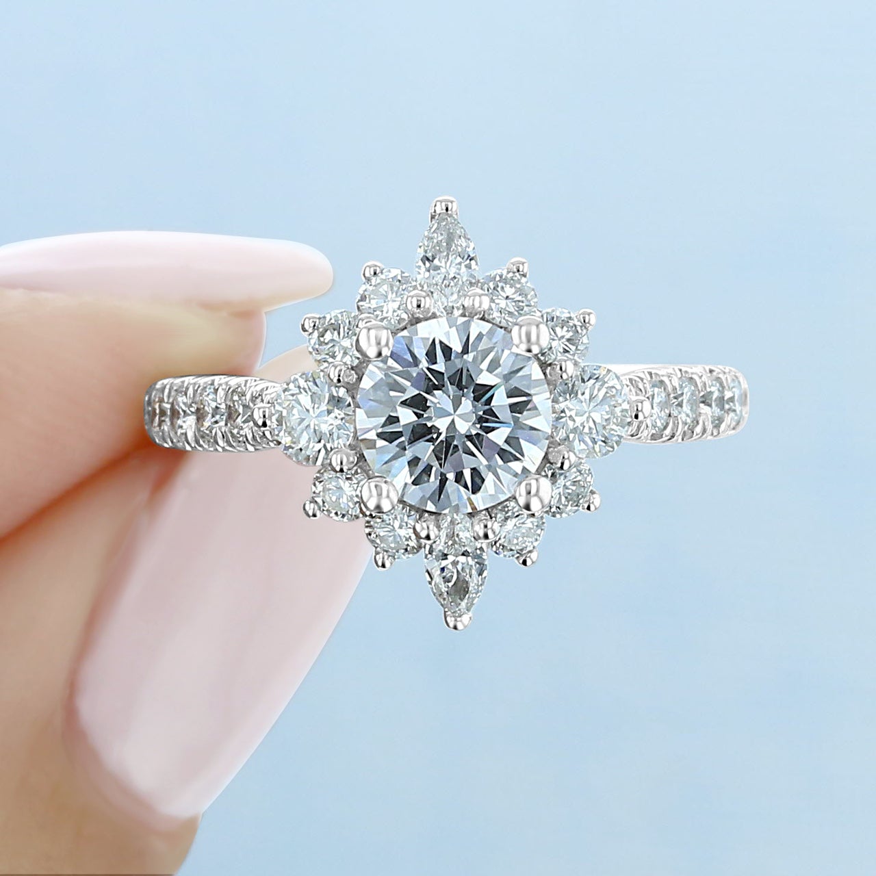 1.0ct Round Cluster Moissanite Diamond Pave Engagement Ring In 14K Solid Gold