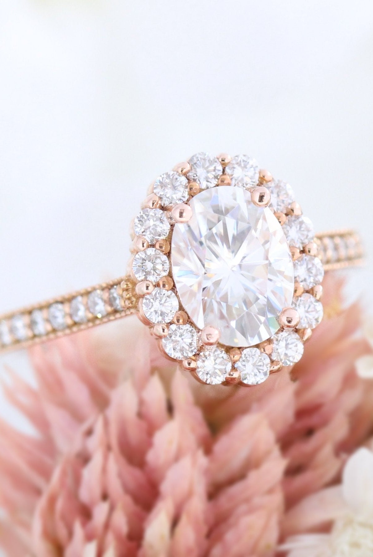 1.50CT Oval Floral Halo Moissanite Diamond Channel Set Engagement Ring