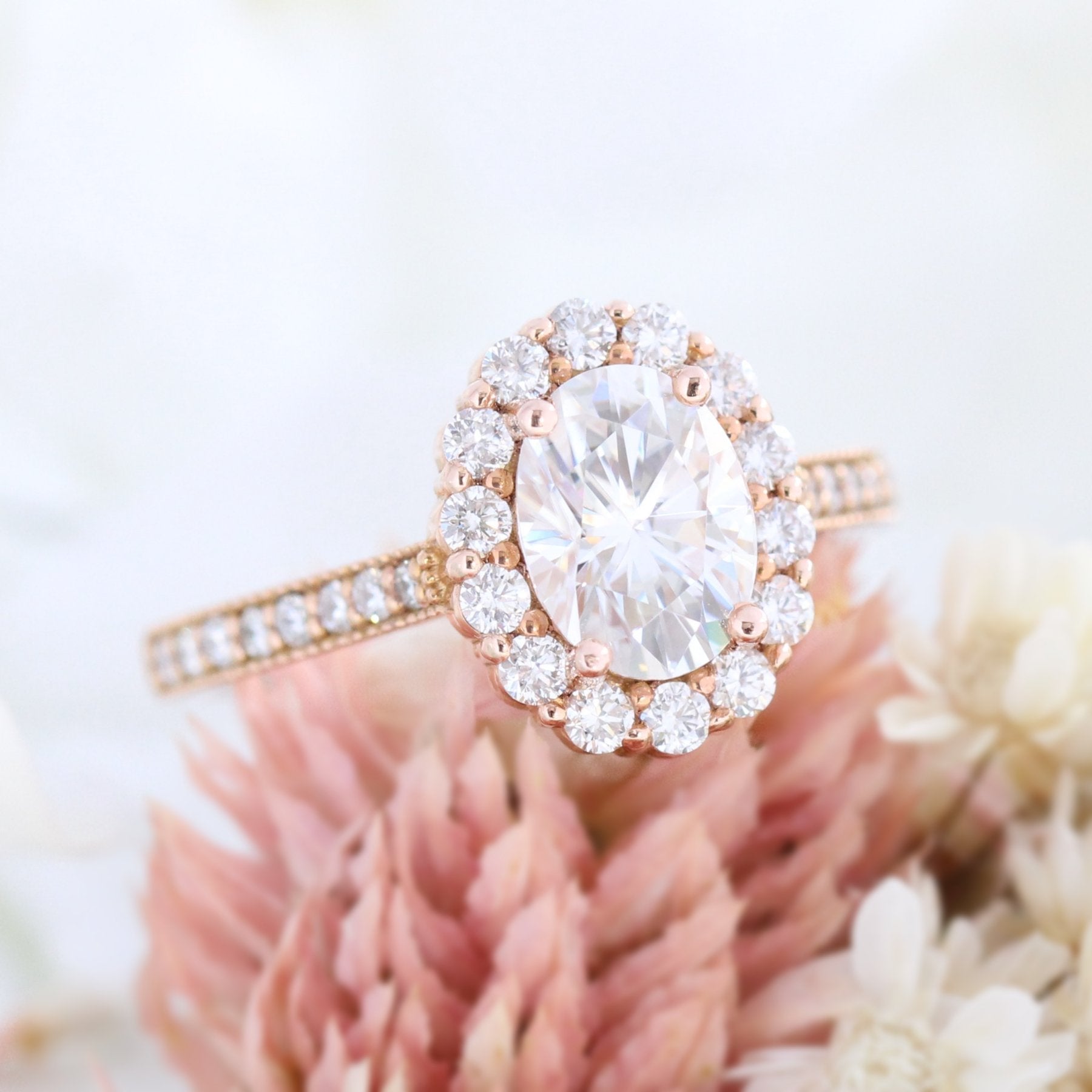 1.50CT Oval Floral Halo Moissanite Diamond Channel Set Engagement Ring