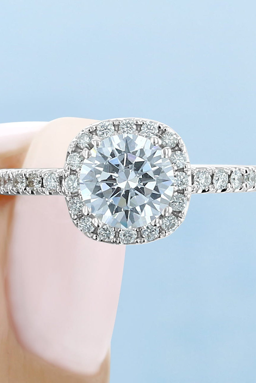 1.0ct Round Halo Moissanite Diamond Four Prong Engagement Ring