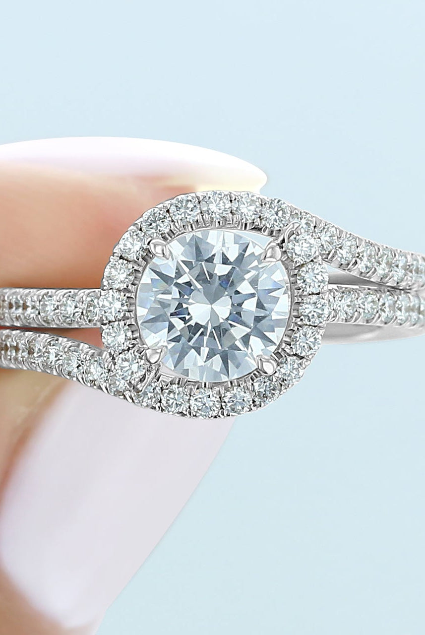 1.0CT Round Halo Moissanite Diamond Double Pave Engagement Ring