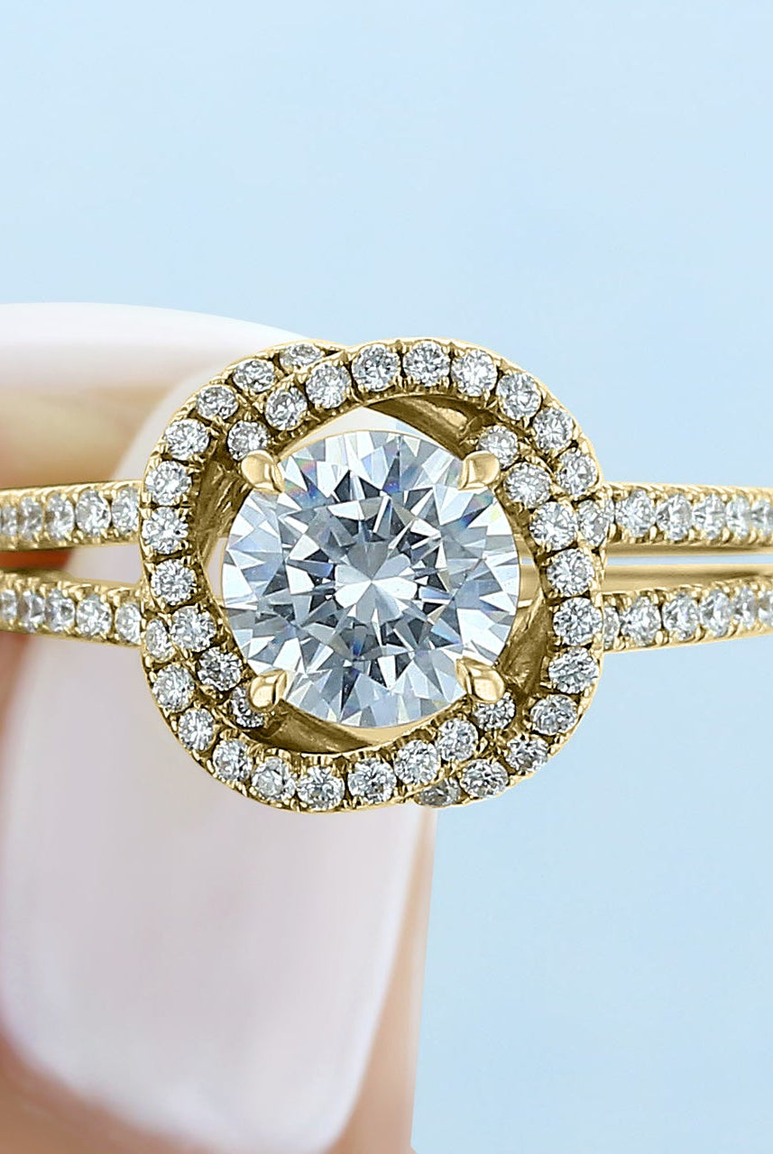 1.0ct Round Double Pave Moissanite Diamond Four Prong Engagement Ring In Solid Gold
