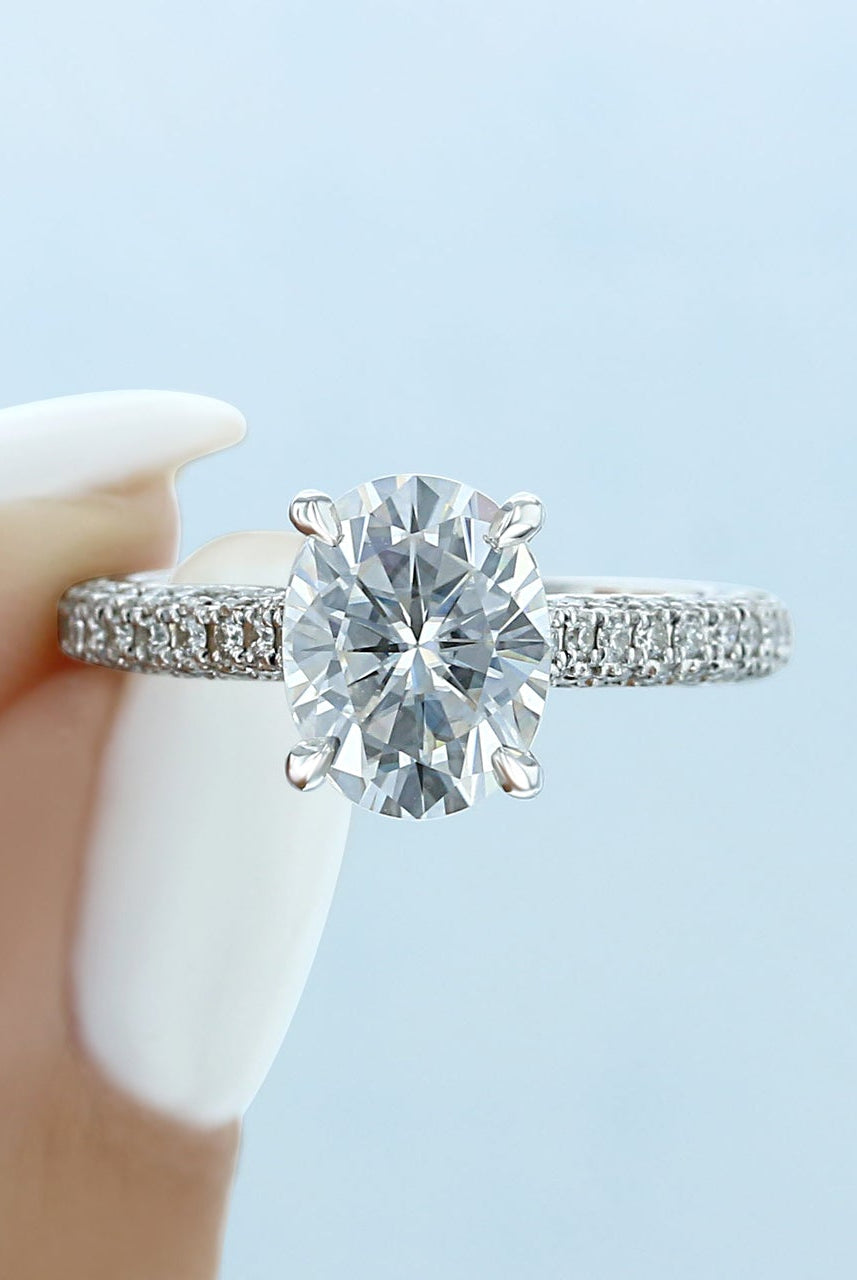 1.93ct Oval Hidden Halo Moissanite Diamond Three Sided Pave Engagement Ring