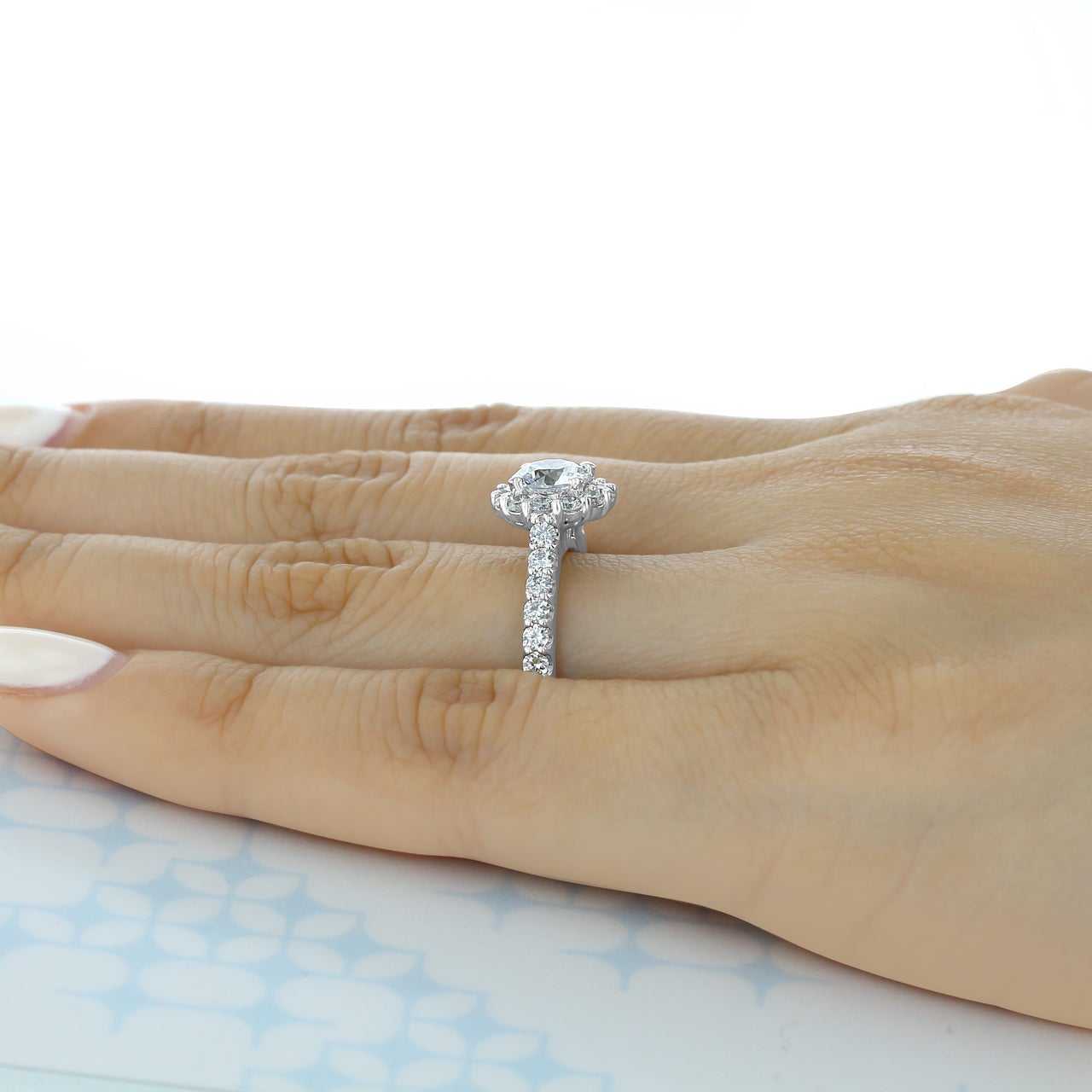 1.0ct Round Floral Halo Moissanite Diamond Pave Engagement Ring