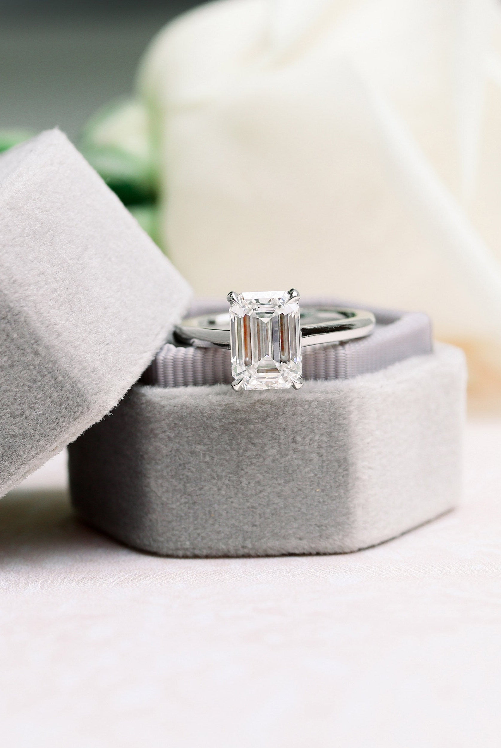 1.75ct Cathedral Set Emerald Cut Moissanite Diamond Solitaire Engagement Ring