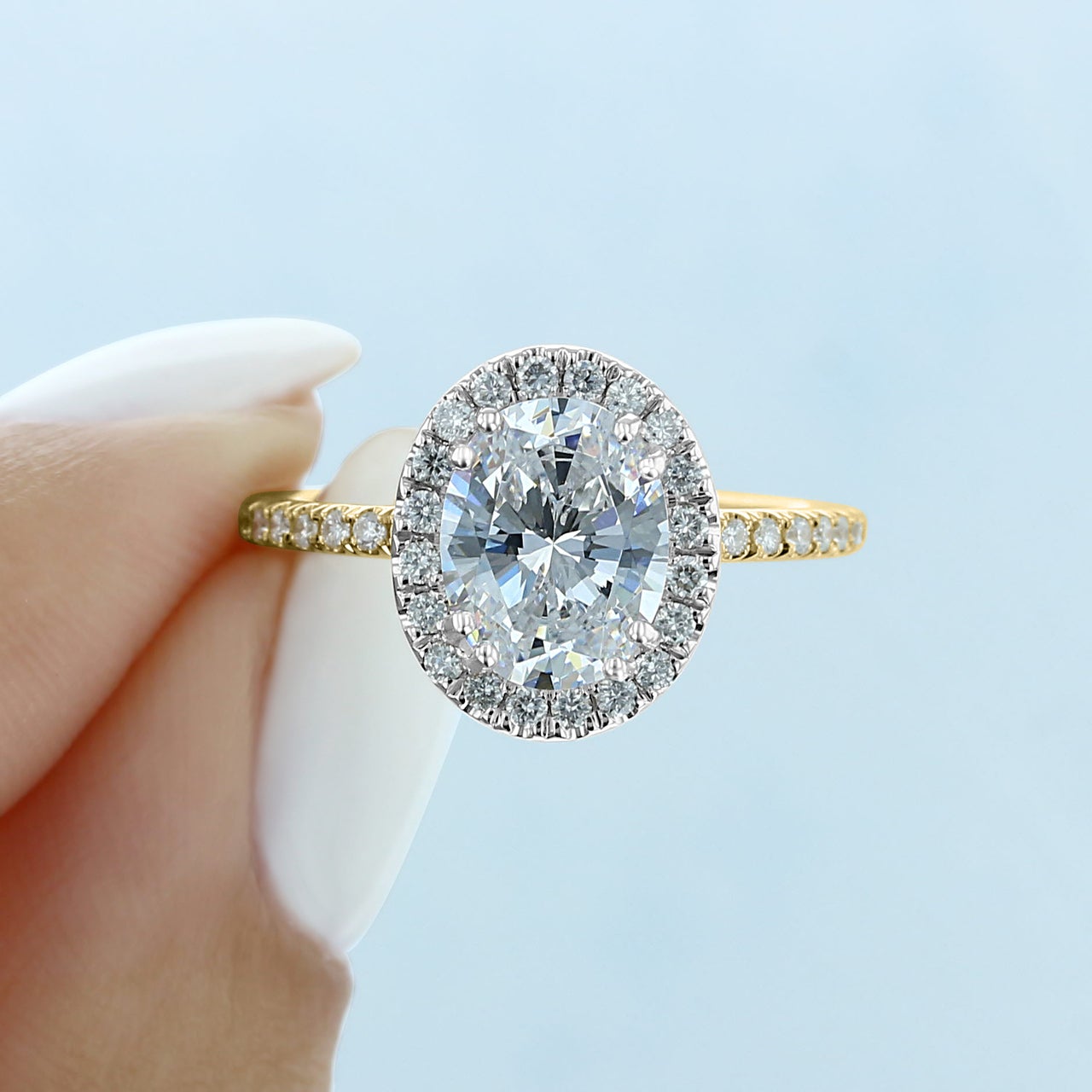 1.93CT Oval Halo Moissanite Diamond Two Tone Engagement Ring