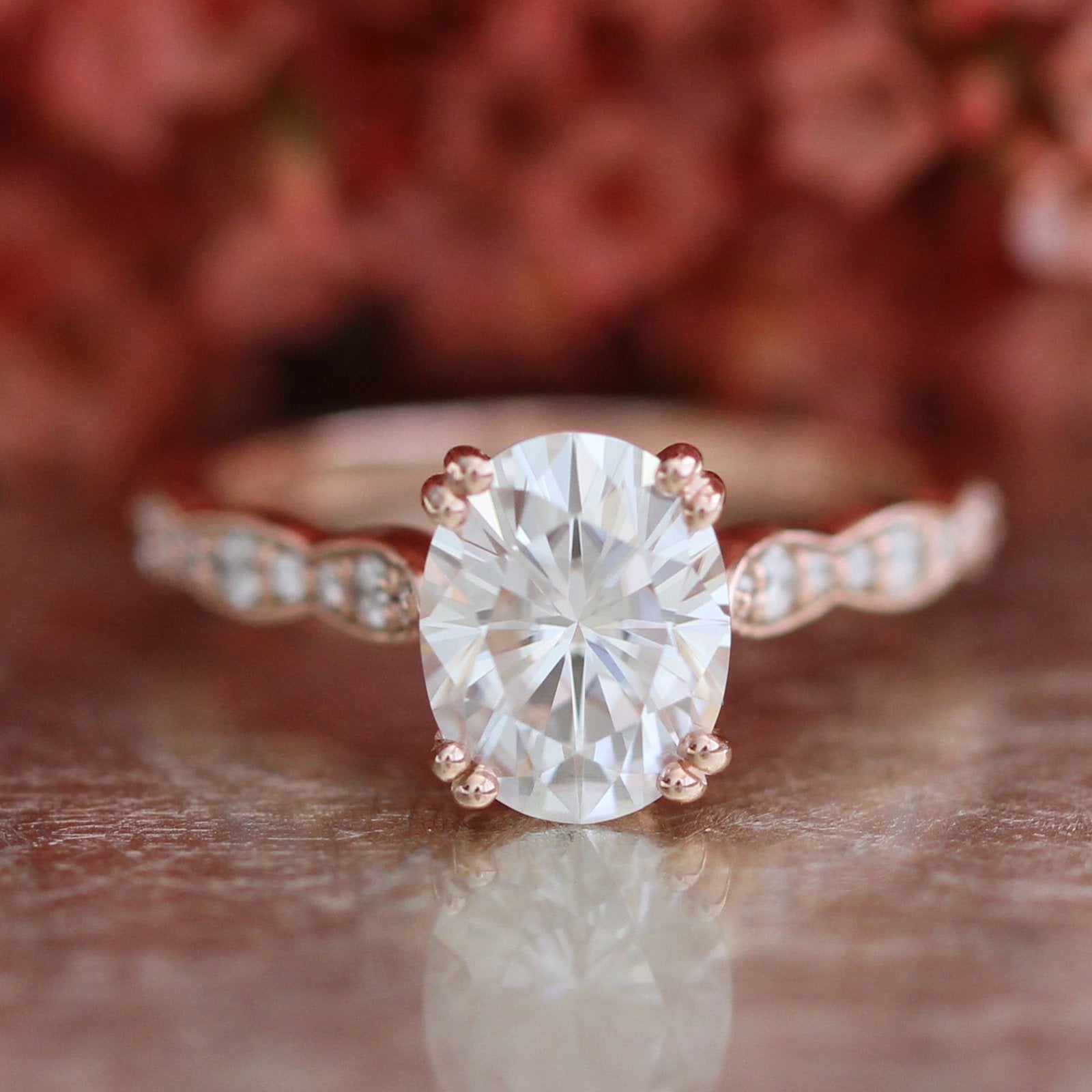 2.0CT Oval Double Claw Prong Moissanite Diamond Vintage Pave Engagement Ring