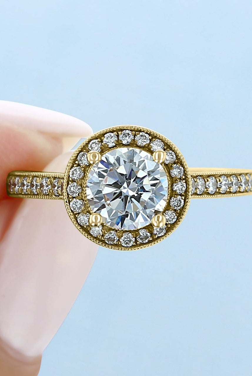 1.0CT Round Halo Moissanite Diamond Pave Engagement Ring In 18K Yellow Gold