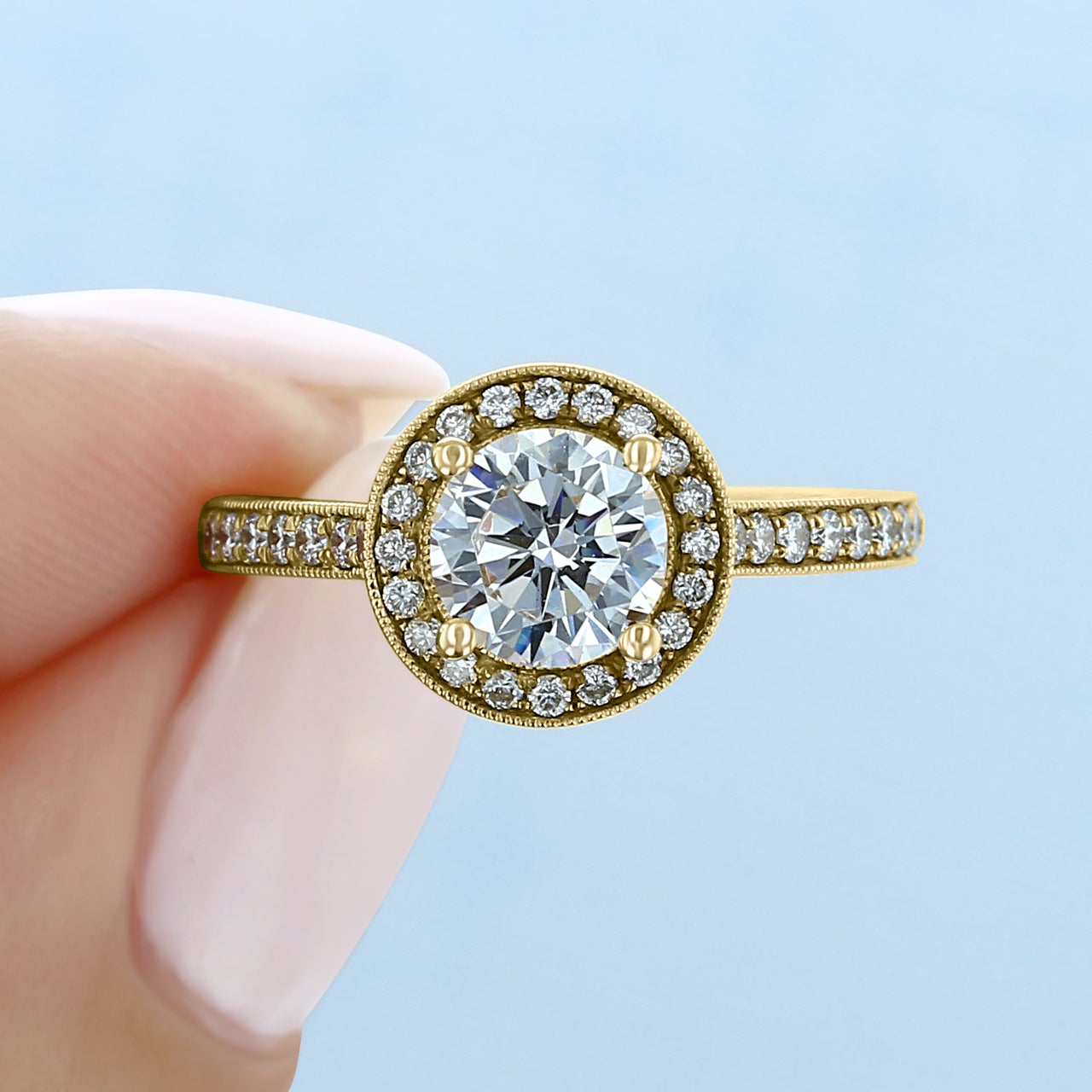 1.0CT Round Halo Moissanite Diamond Pave Engagement Ring In 18K Yellow Gold
