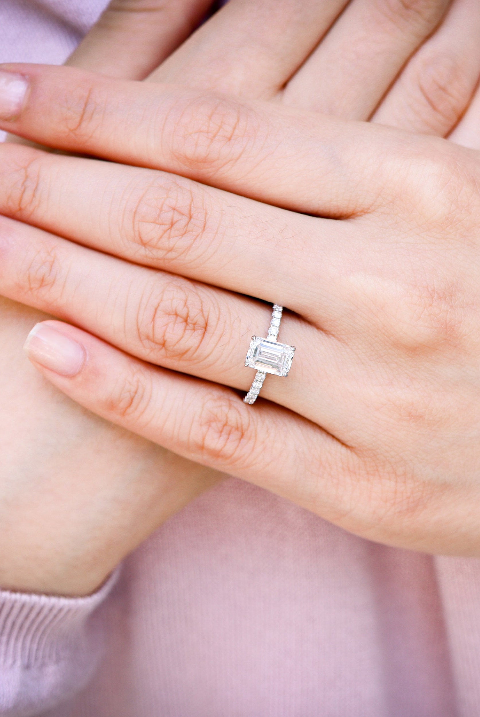 1.50CT Emerald Cut Pave Moissanite Diamond Four Prong Diamond Engagement Ring