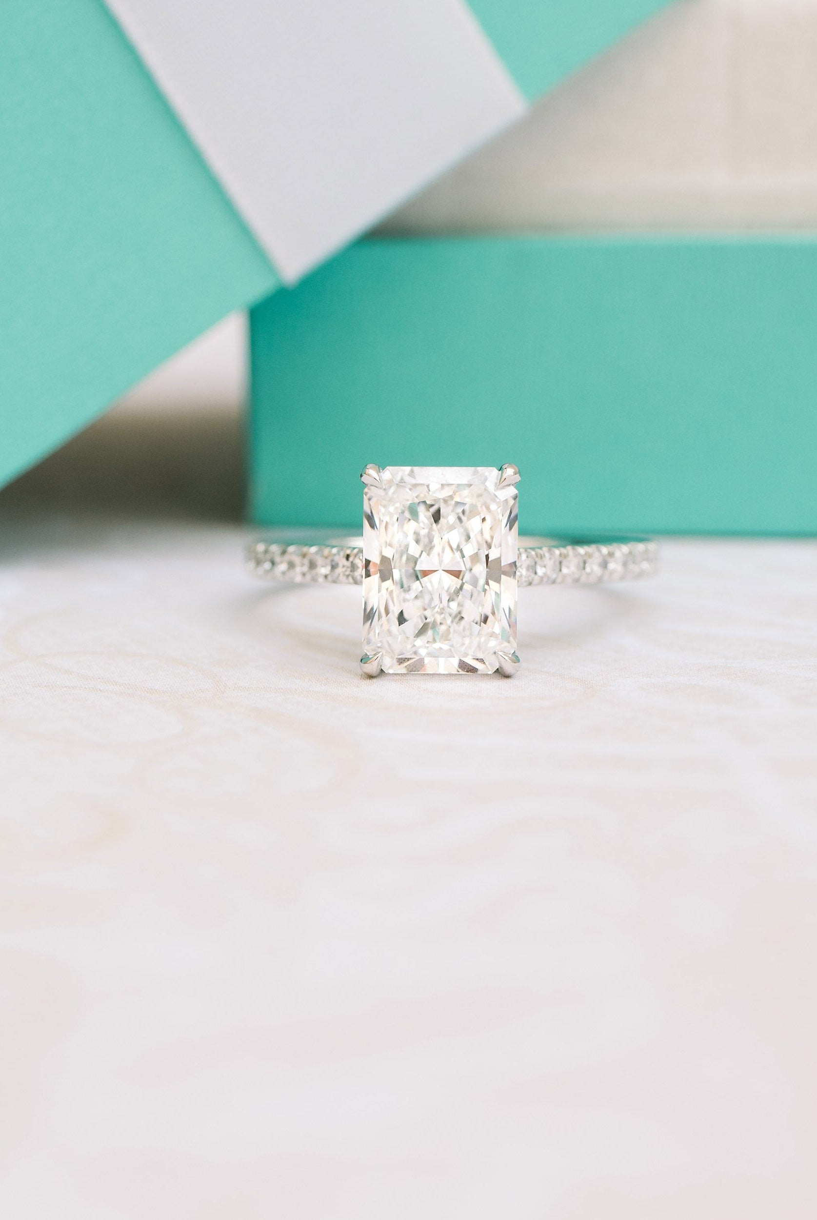 2.0CT Cathedral Set Radiant Moissanite Diamond Pave Engagement Ring In 14K White Gold