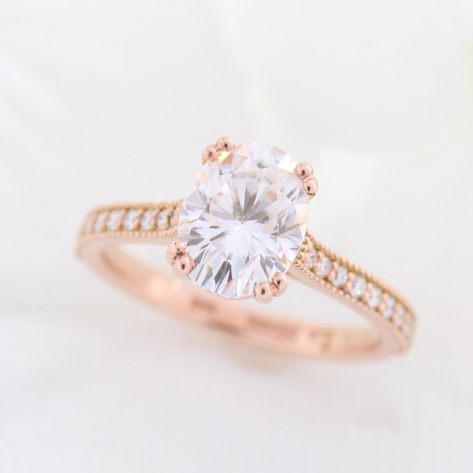 2.0CT Oval Channel Set Moissanite Diamond Double Claw Prong Engagement Ring