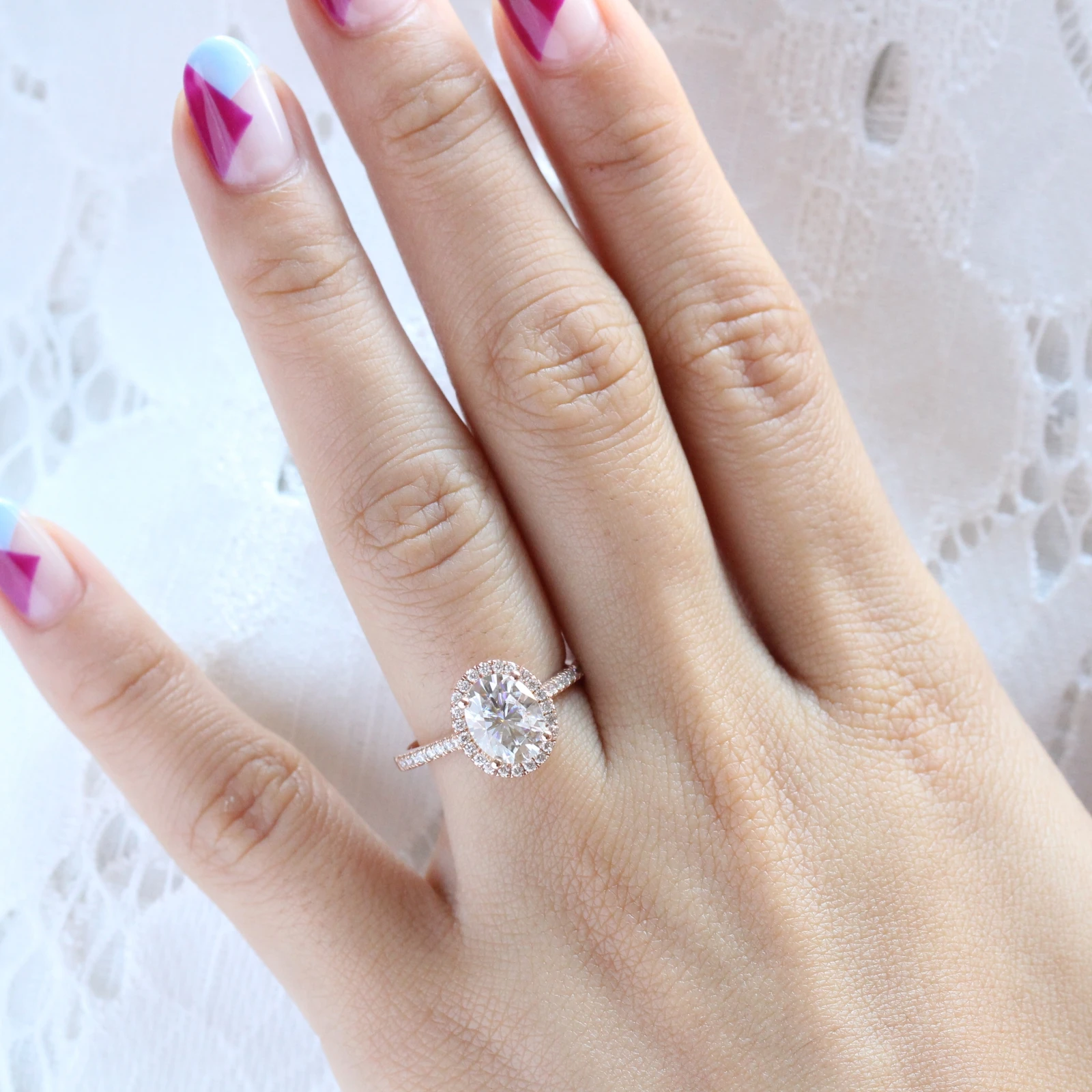 2.0CT Oval pave Moissanite Diamond Cathedral Set Halo Engagement Ring