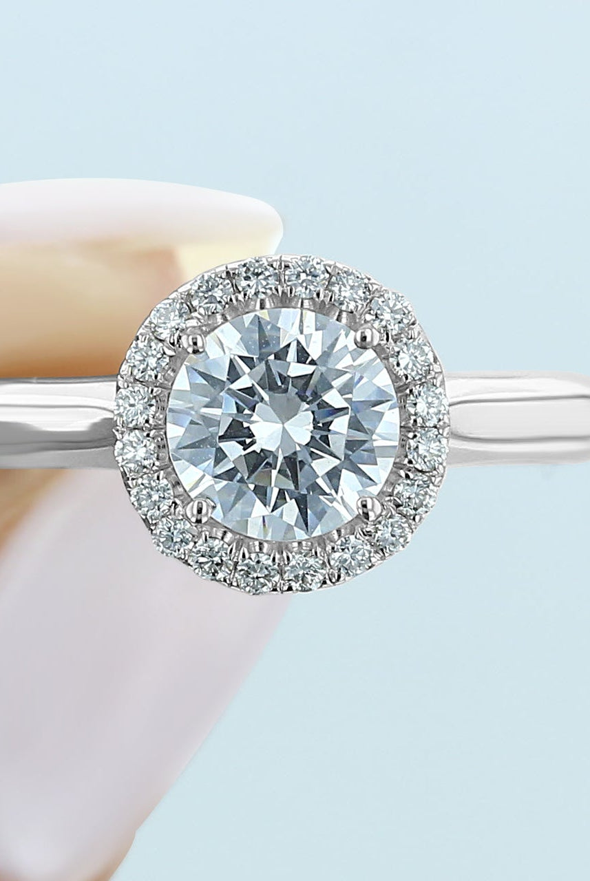 1.0CT Cathedral Set Round Moissanite Diamond Halo Engagement Ring