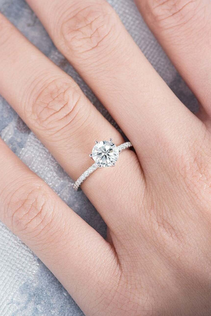 1.0CT Round Six Prong Moissanite Diamond Pave Engagement Ring
