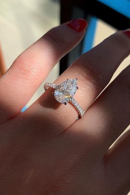 1.50CT Pear Hidden Halo Moissanite Diamond Five Prong Engagement Ring