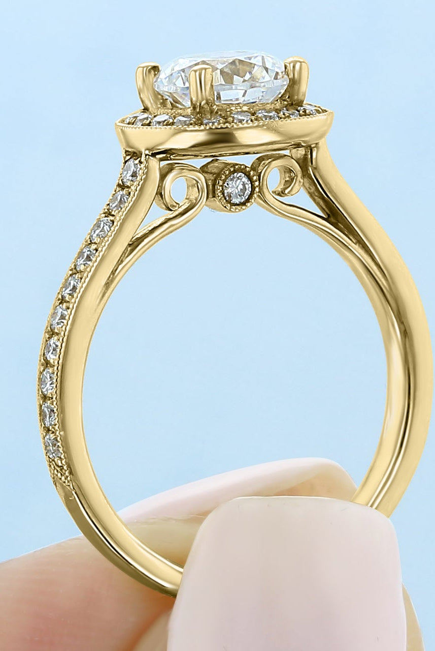 1.0CT Round Halo Moissanite Diamond Pave Engagement Ring In 18K Yellow Gold