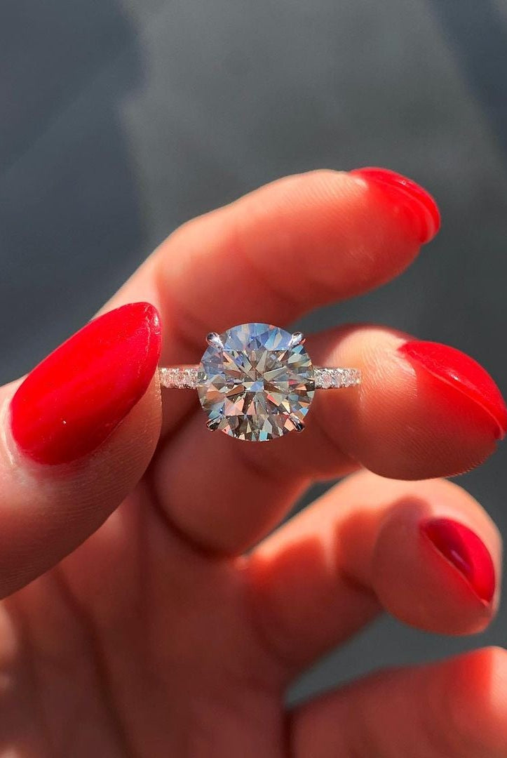1.50CT Round Four Prong Moissanite Diamond Pave Engagement Ring