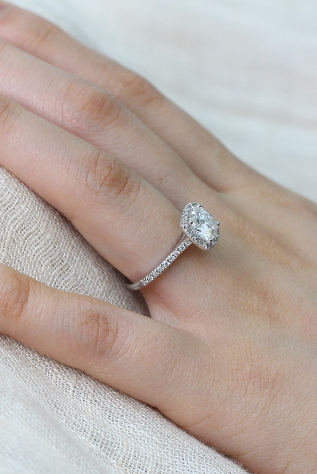 1.65CT Cathedral Set Cushion Halo Moissanite Diamond Engagement Ring