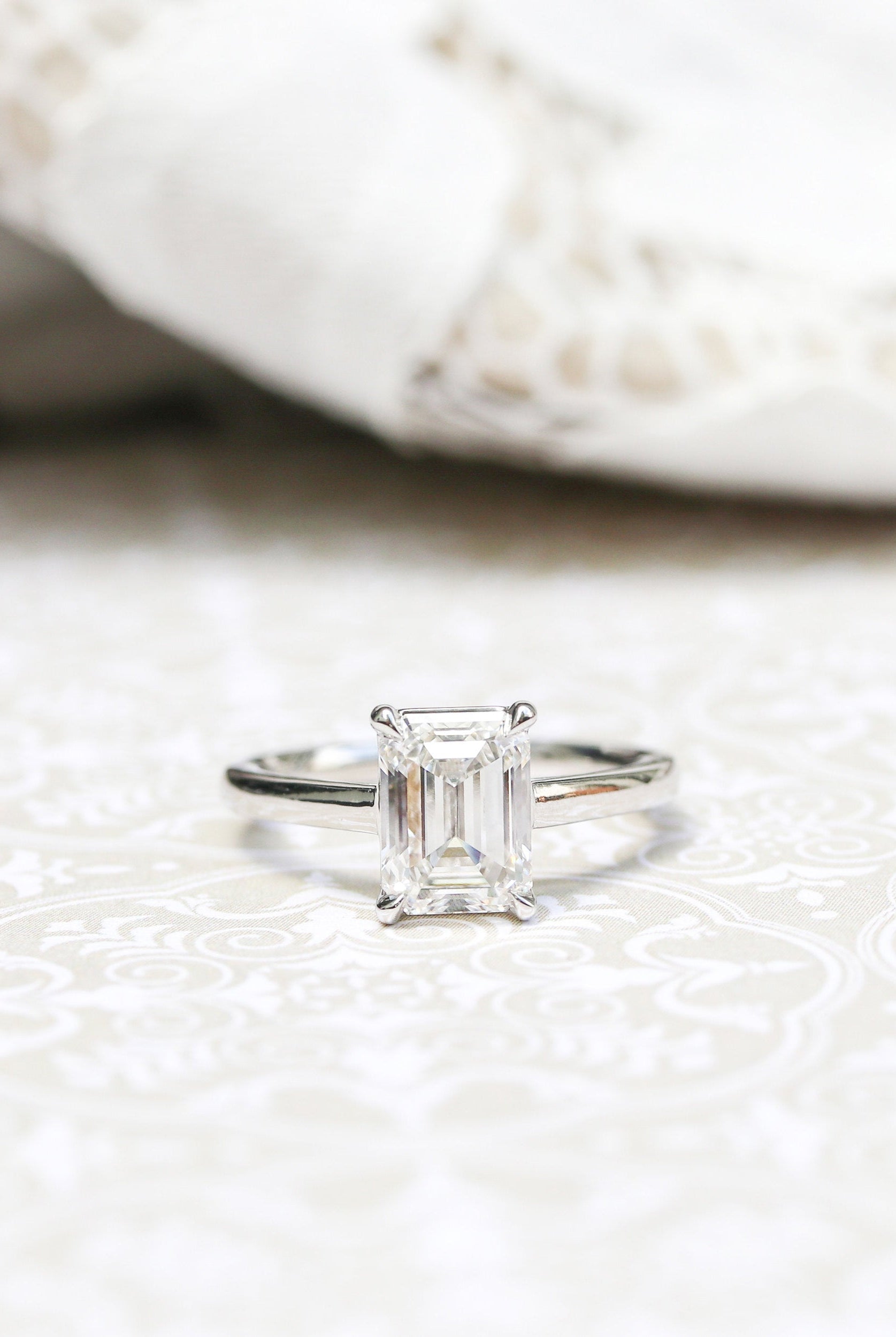 1.75ct Cathedral Set Emerald Cut Moissanite Diamond Solitaire Engagement Ring