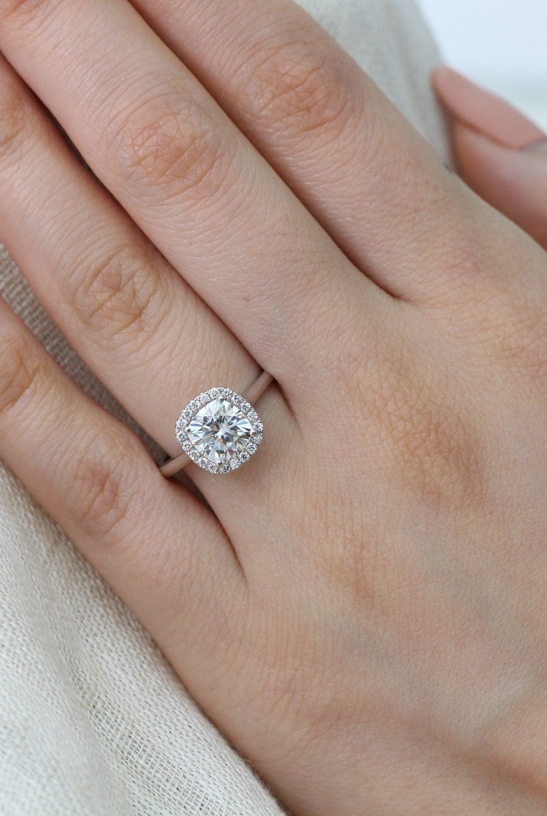 1.65CT Cushion Halo Moissanite Diamond Solitaire Engagement Ring