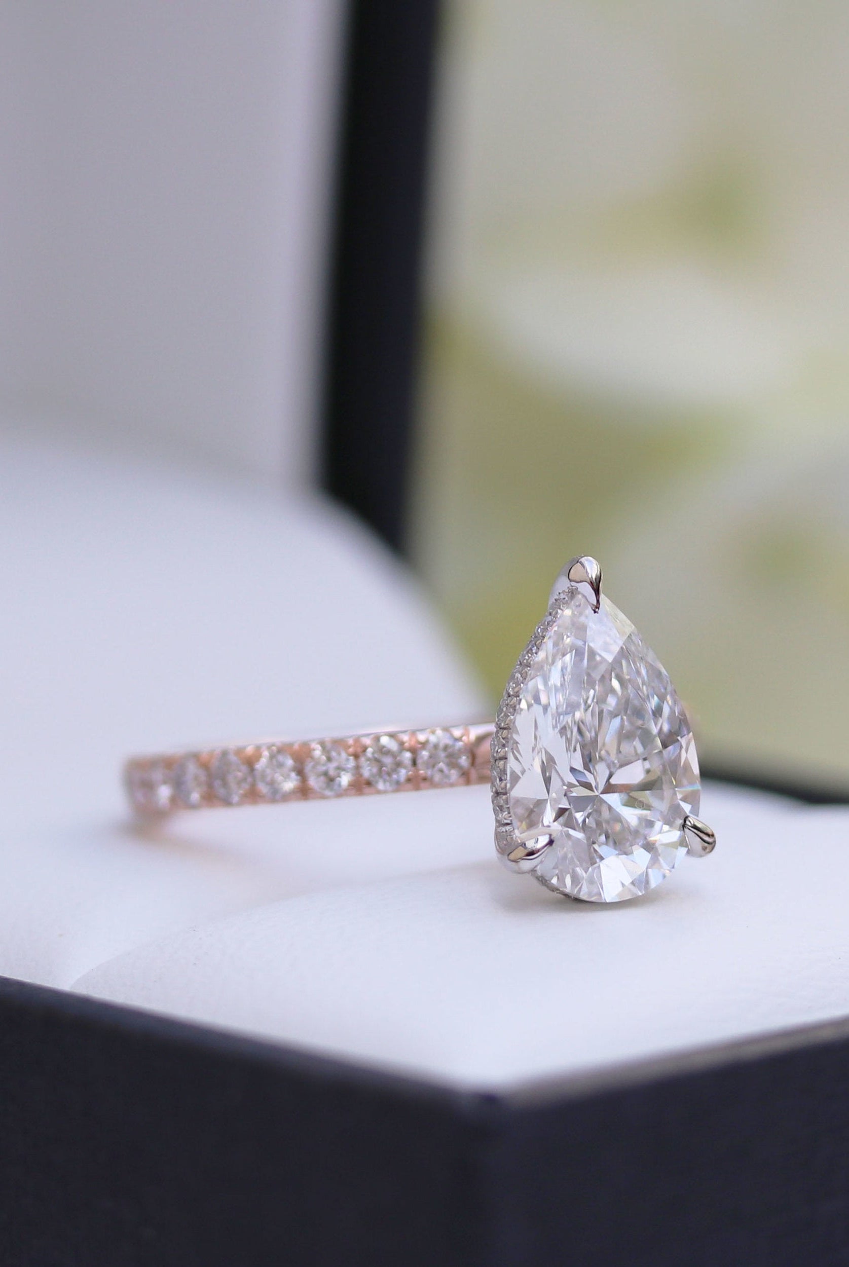 2.25CT Pear Hidden Halo Moissanite Diamond Pave Engagement Ring