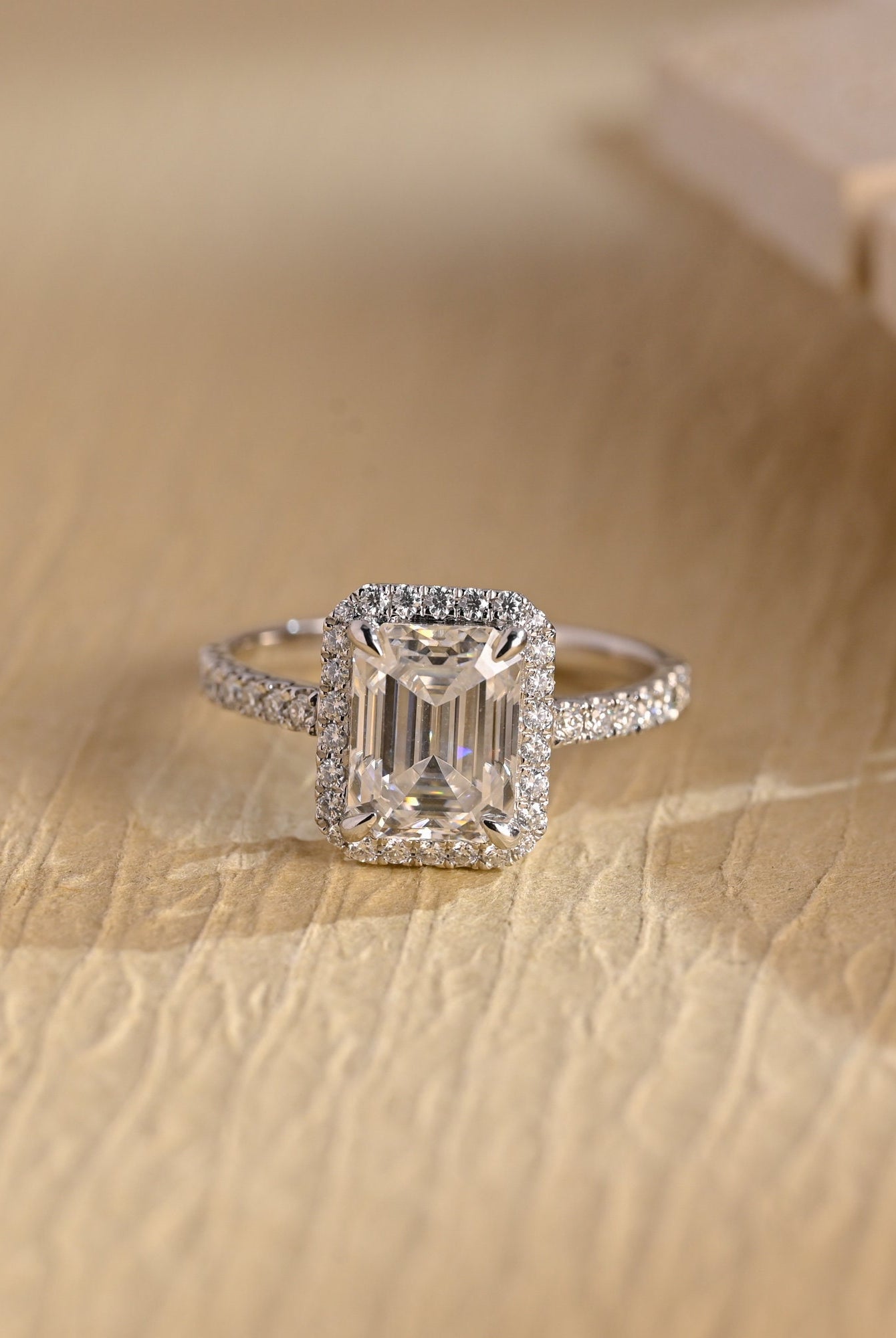 Buy Emerald Cut Halo Diamond Moissanite Ring