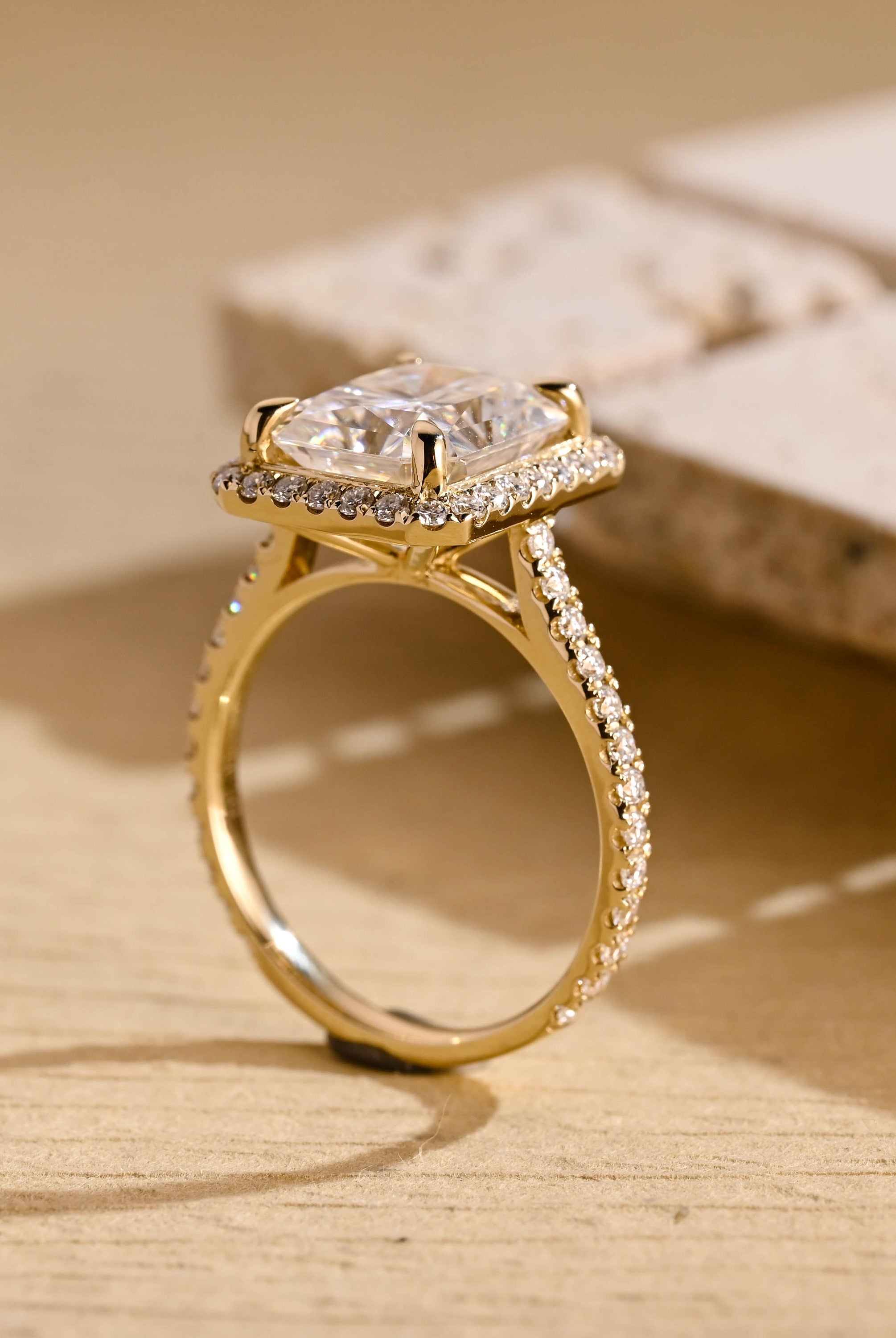 radiant cut engagement ring halo style moissanite