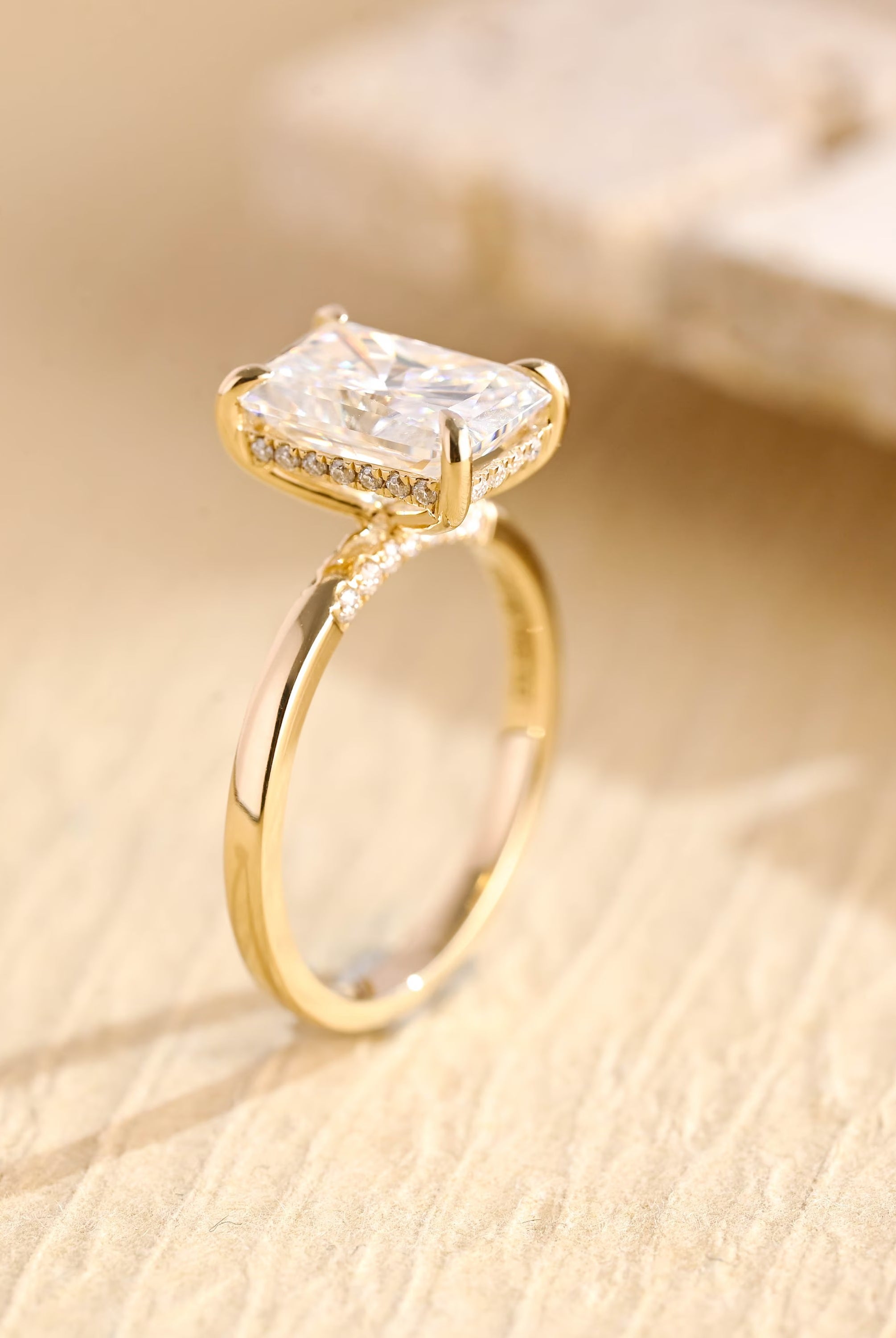high sparkle radiant cut hidden halo moissanite ring