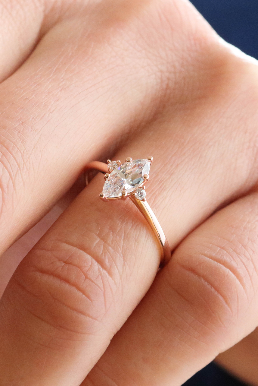 1.0CT Marquise Three Stone Moissanite Diamond Six Prong Engagement Ring