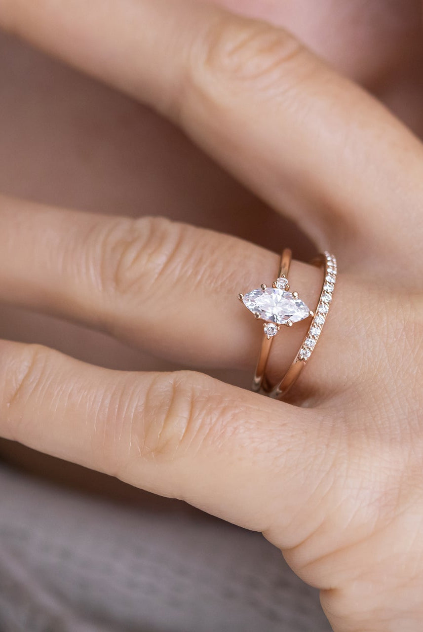 1.0CT Marquise Three Stone Moissanite Diamond Six Prong Engagement Ring