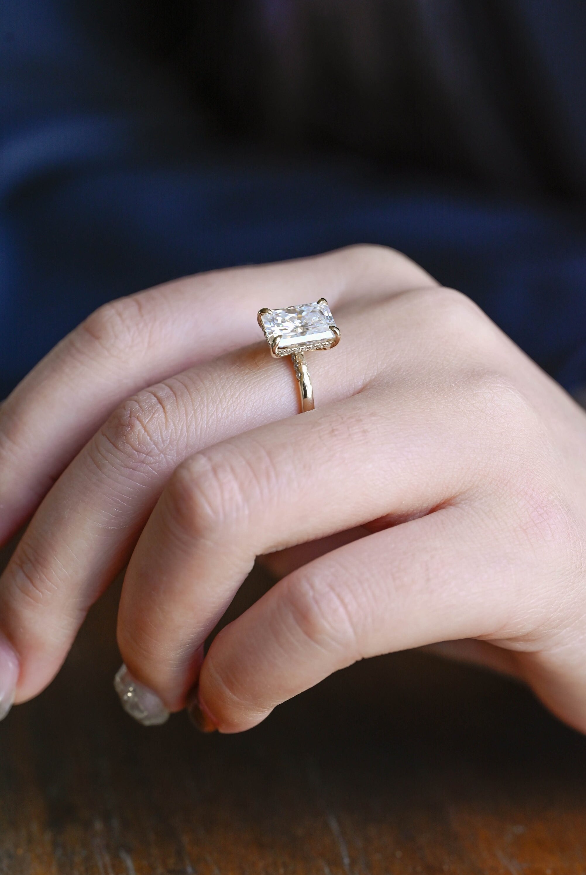 unique radiant cut hidden halo moissanite engagement ring